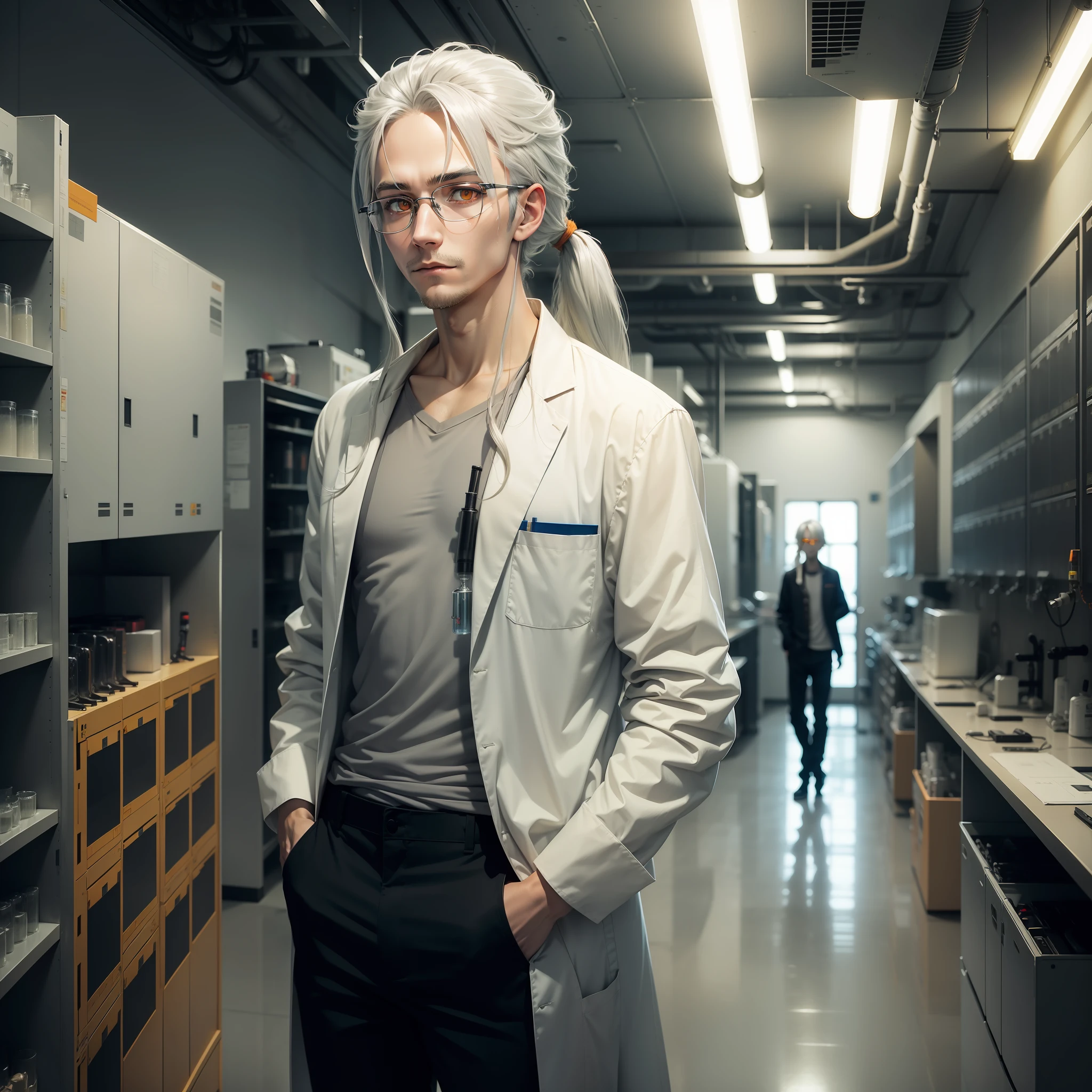 anime guy with silver hair, orange eyes, in the background of a nuclear lab. He's holding a test tube. He is wearing a shirt, pants and a lab coat. (Long hair in a ponytail, glasses on his face.)
