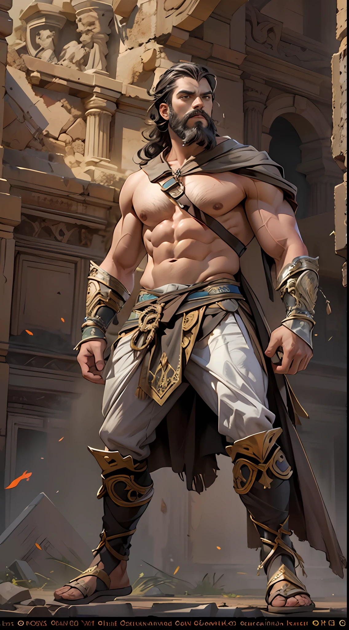 Sculpted hero, upper body uncovered, legs exposed from thighs to feet, bearded with beaded facial hair, luxuriant long curls, intricate muscularity, photorealistic portrayal, 4K resolution. Background: Epic battlefield with ancient ruins.,32k uhd, best quality, masterpiece, super detail, high details