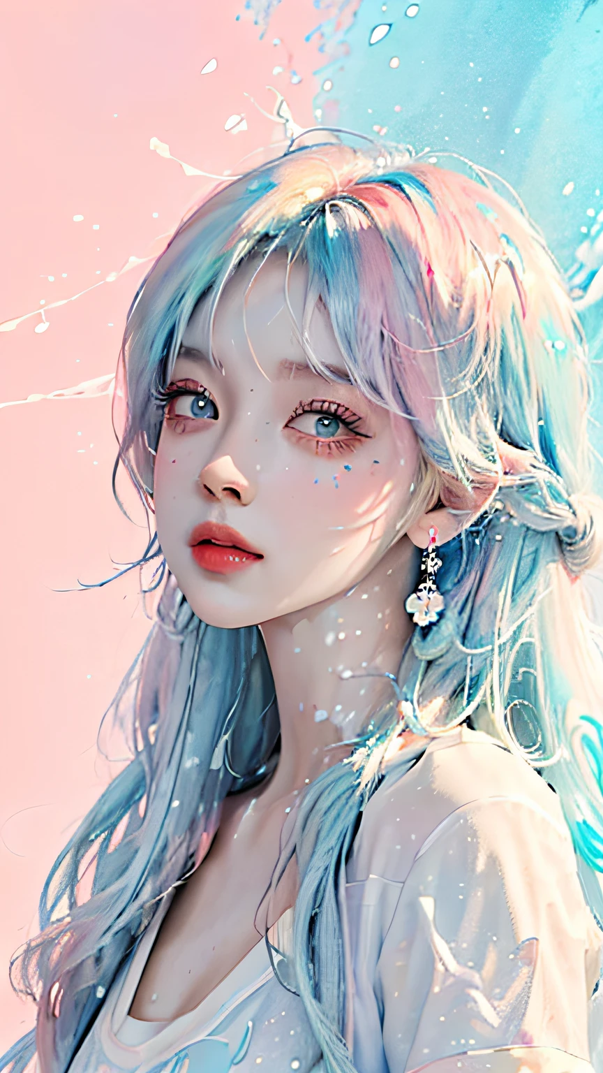 (Masterpiece, Best Quality, High Resolution), White Background, Acrylic Paint, ((Color Splash, Splash of Ink, Color Splash)), Sweet Chinese Girl, Long Light Blue Hair, [Light Blue|Pink] Hair, Curly Hair, Glitter, Peach Lips, White Shirt, Front, Upper Body