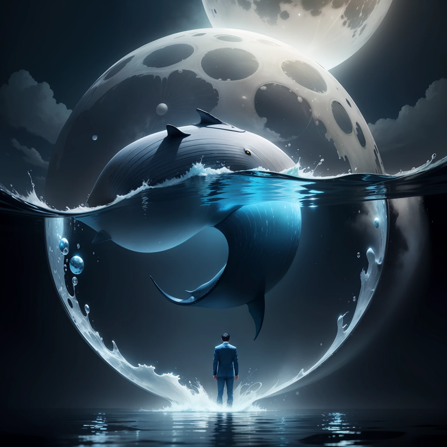 A man dressed in blue，standing on water，A bright full moon is very close to the surface of the water，It appears large and round，Even with a faint blue glow，The surface of the water is also accompanied by a fine silver glow。Above the full moon is a large black fish，It looks like a whale，Black but there is a look holy，Take a leap forward。Below the surface of the water is a small white whale，Under the full moon，Emerge from the water，The epidermis is shiny。