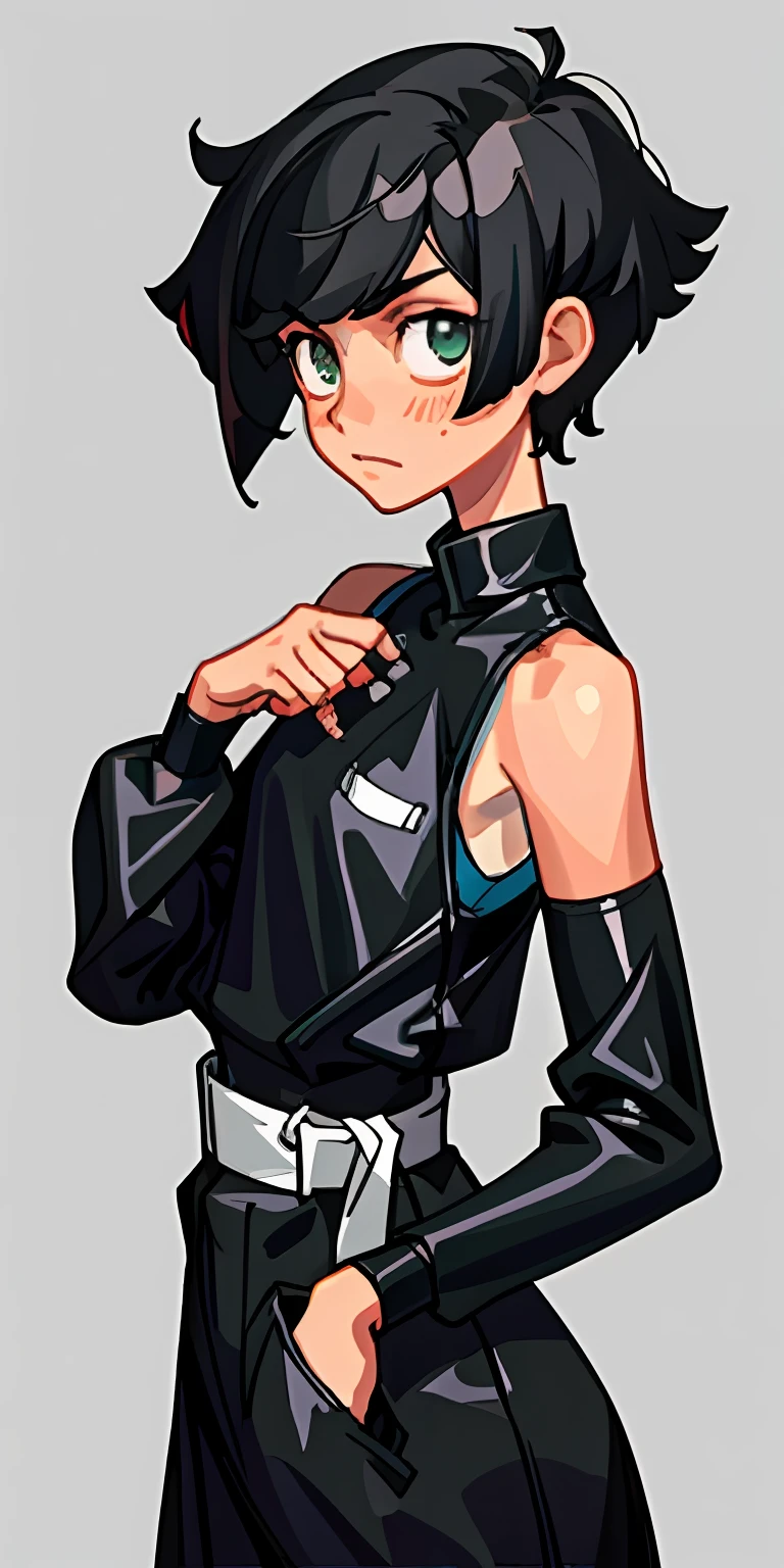 (Best quality at best,tmasterpiece),1girl,short hair girl,Tomboyish,tomboy,black color hair,Sunburn,Gel coat,Slim attire,minimalistic background