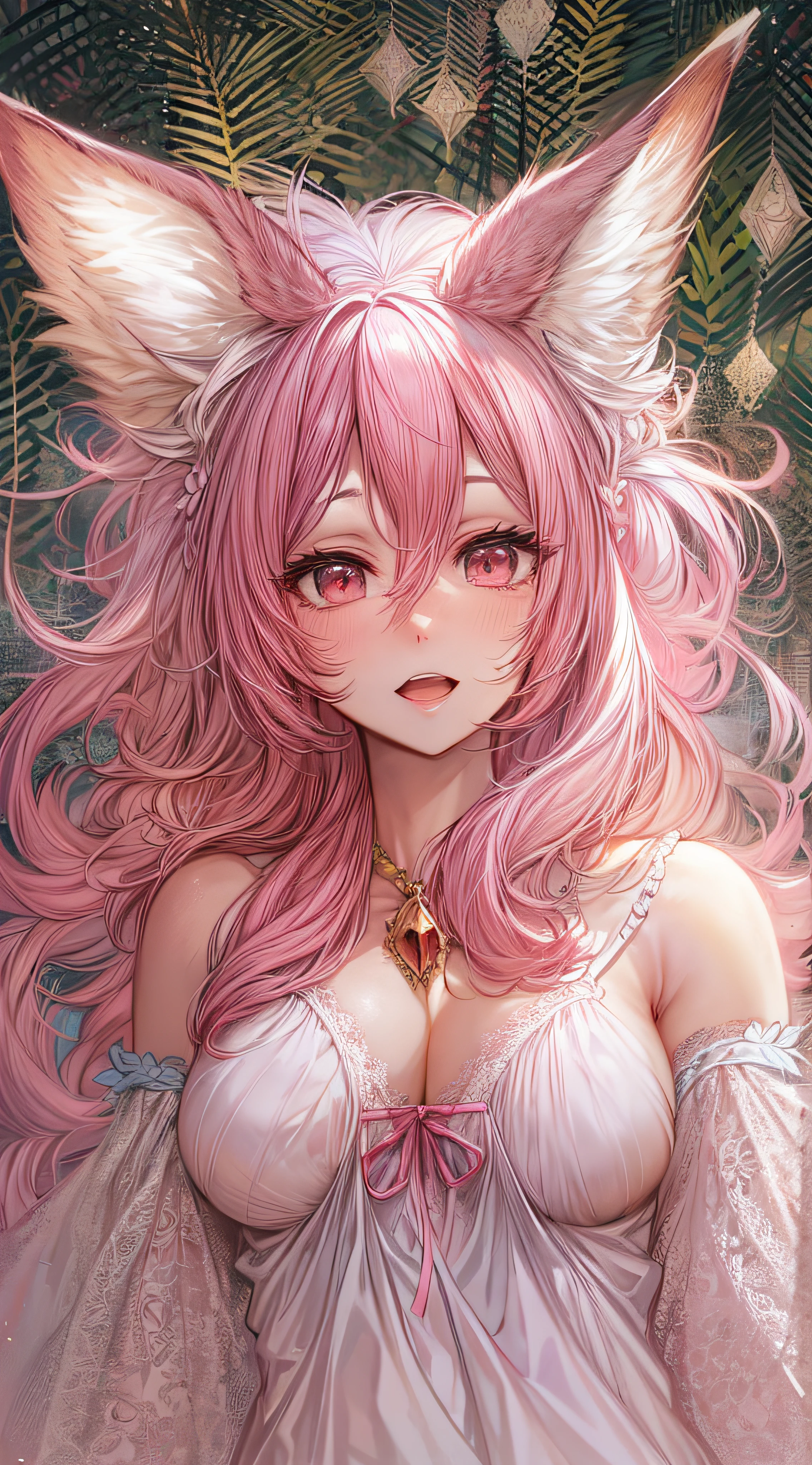 (envisioned):(fox ears, enchanting pink hair, lace nightgown, focused, enormous breast)