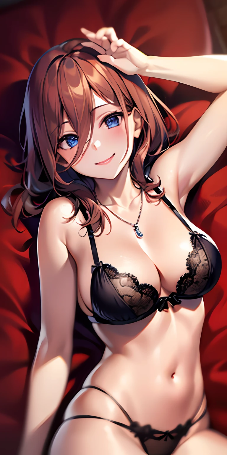 1girl, solo, lisarnd, (lingerie, necklace), lying on bed, smiling, (from above view)
