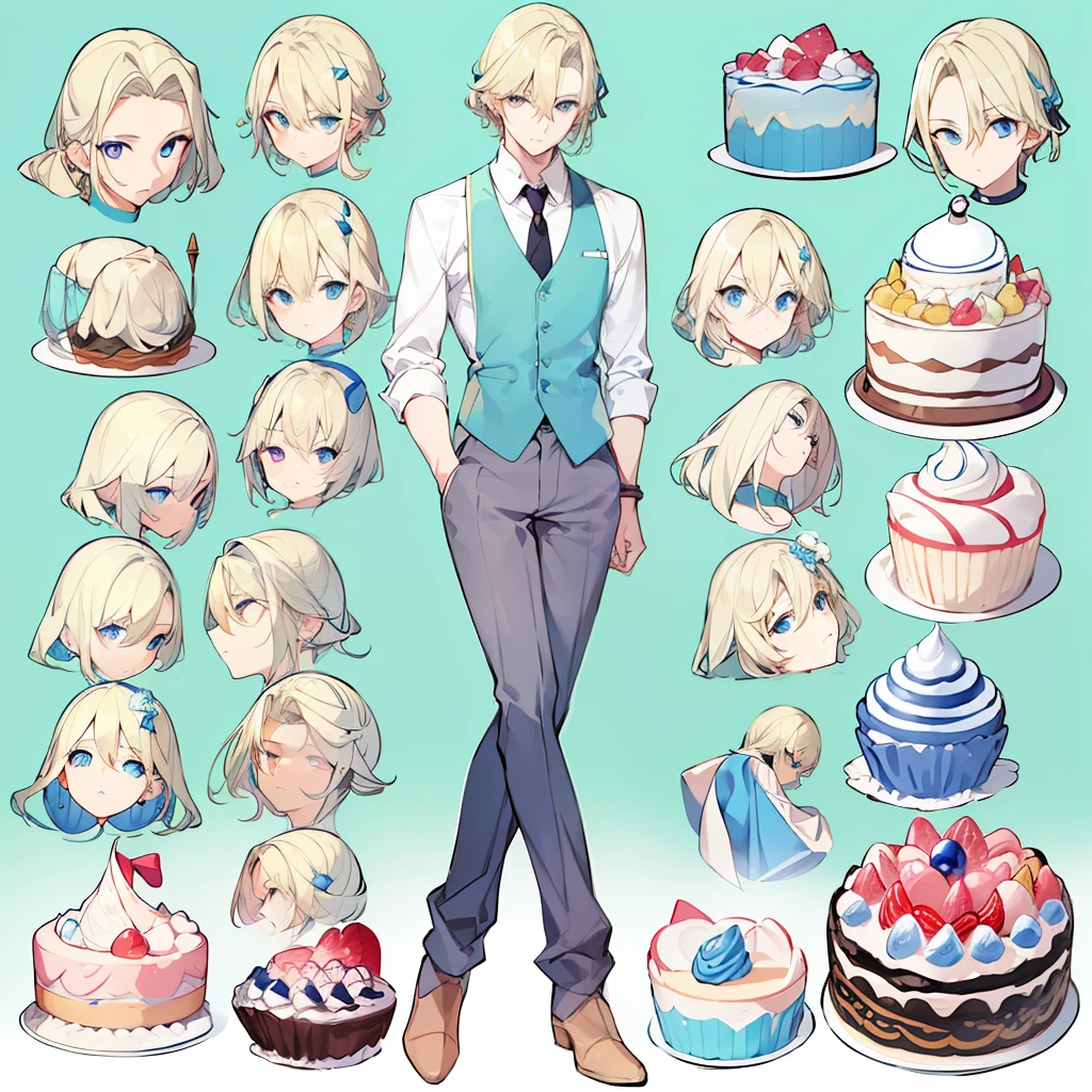 solid color background all、male people、full body、standing、1 male、patissier、is standing、facing front、From head to foot、character designs、animesque、Adult males、a cake、(beautifull detailed face:1.1), (Beautiful detailed eyes:1.14),((​masterpiece))、(((top-quality)))、(hightquality、Breathtaking)、(expressive eyes、face perfect)、Short boy、a blond、blue eyess、simple background、white backgrounid