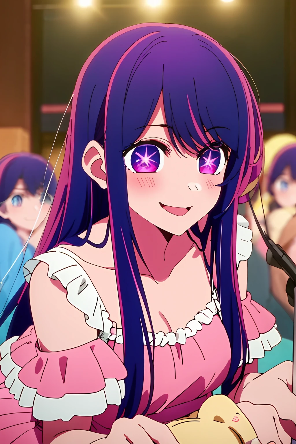 masterpiece、ighly detailed、(1 girl in:1.2)、purple color hair、pink dress、big eye、a closeup、A smile、8K、Ai Hoshino、Live performance venue、ダブはピース✌️