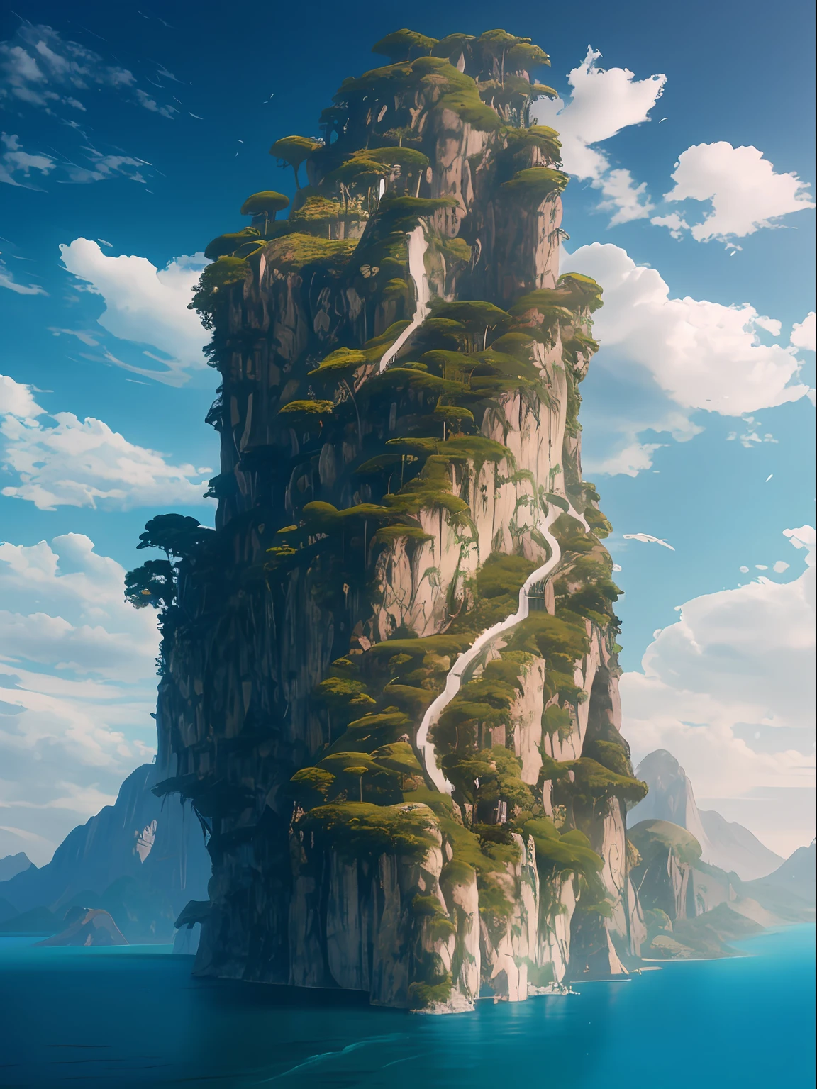 There is a very high mountain，There is a winding path above, Detailed 4K concept art, epic matte painting of an island, 8 k matte painting, 8k matte painting, ross tran. scenery background, fantasy style 8 k octane render, 4 K detail fantasy, matte painting in fantasy style, 4k highly detailed digital art, Illustration matte painting, concept art 4 k