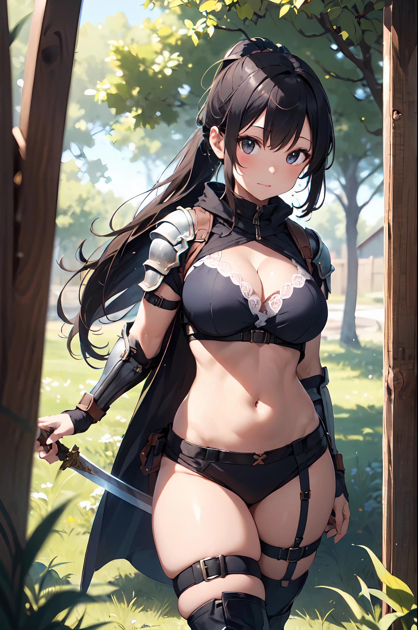 ((masterpiece, best quality)), (1girl), ((mature female)), big breast, ponytail, ((wearing armour)), cleavage, curvy, wide hips, thick thighs, midriff, thigh strap, boots, hold sword, sword fighting stance, outdoor, adventurer, knight, forest,dungeon background, nature, medieval time, reflected light, ray tracing, delicate background, looking at viewer, cowboy shot,
