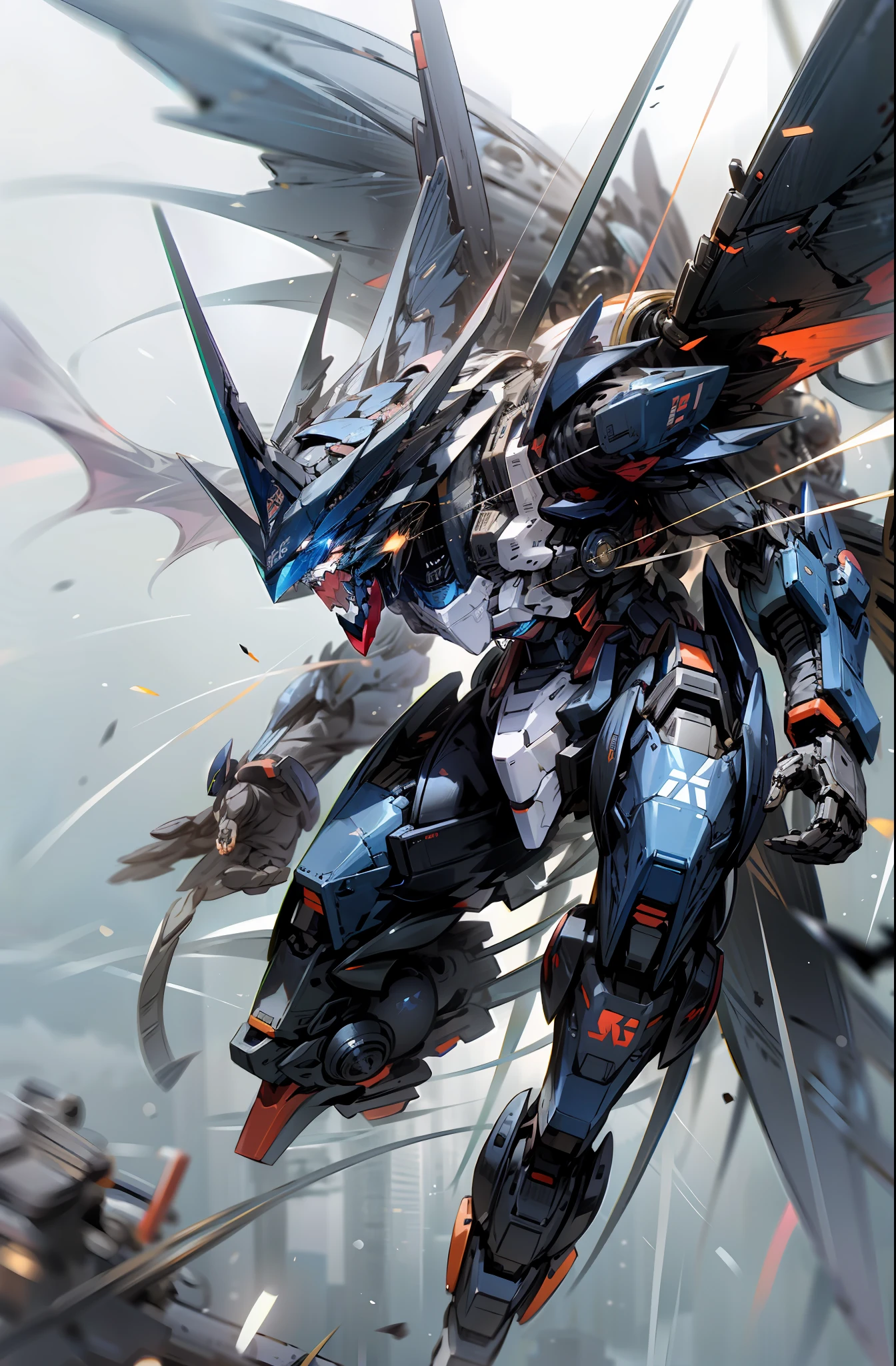 Bokeh, attack, concise, 8k wallpaper, robot, eyes glowing cross blue, mecha, Dapeng spreading its bat wings, holding a reaper slashing at the target, shapire, blue, black, bat Gundam, animal Gundam, look at camera, (half body), ((beast))