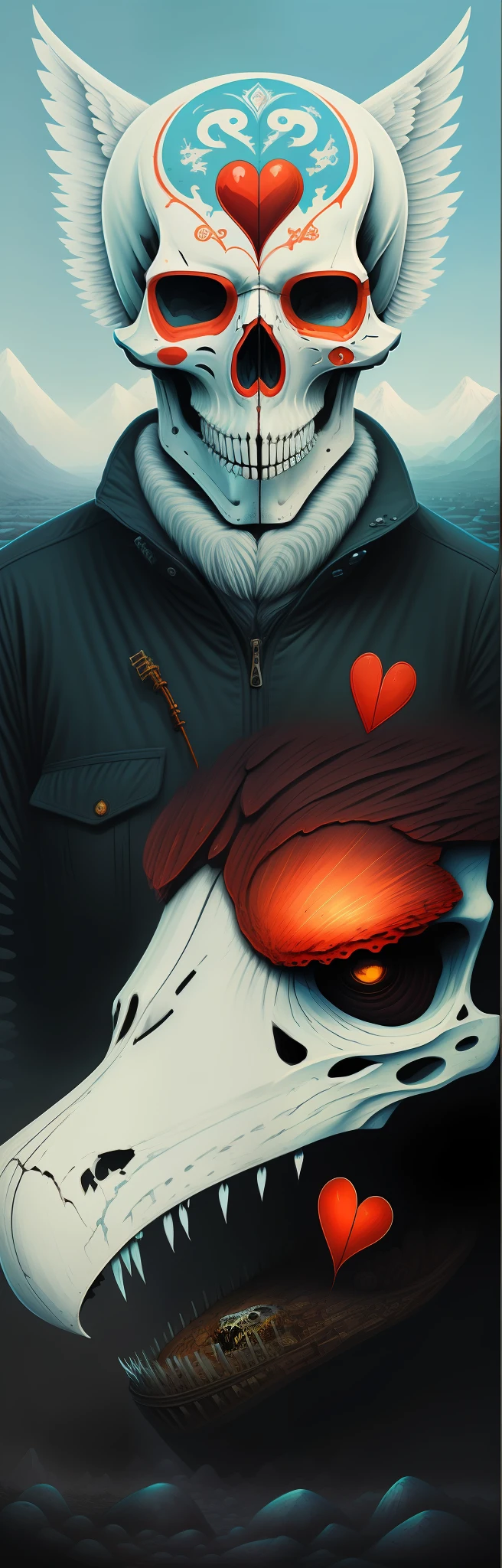 Wolf skull,The man holds the heart,Dan Mumford with Alex Gray style,Dan Mumford's Tom Bagshaw image,Artwork inspired by the style of Dan Mumford,full color digital illustration,psychedelic organic cyborg,Crazy artwork,Dan Mumford style,psychedelic cosmic horror,Science-fi digital art illustration。