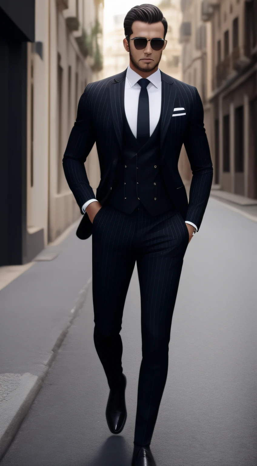 imagem de corpo inteiro, Man Full Body Classic Black Striped Suit Flawless, Cinematic 8K