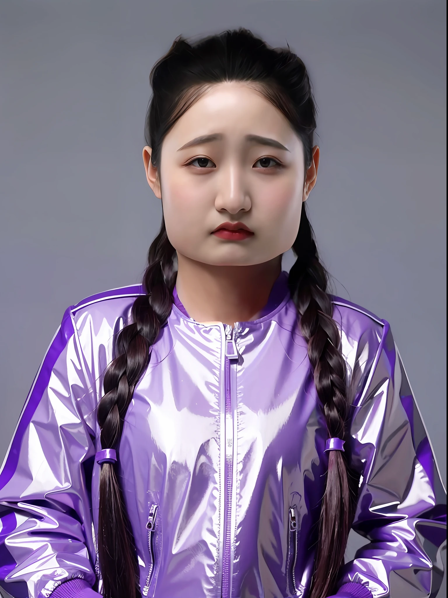 A Chinese high school girl,Wear a purple tight PVC jacket,long braid