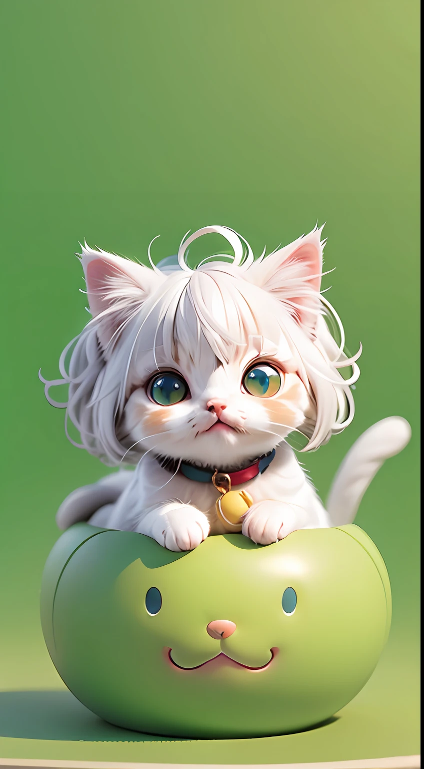 A white-haired kitten，adolable，spherical，cleanness，afloat，shaggy，Big eyes，Non-human，In the green one，Simple，ssmile，Funny，Morandi color system，looking to the right，Turn right