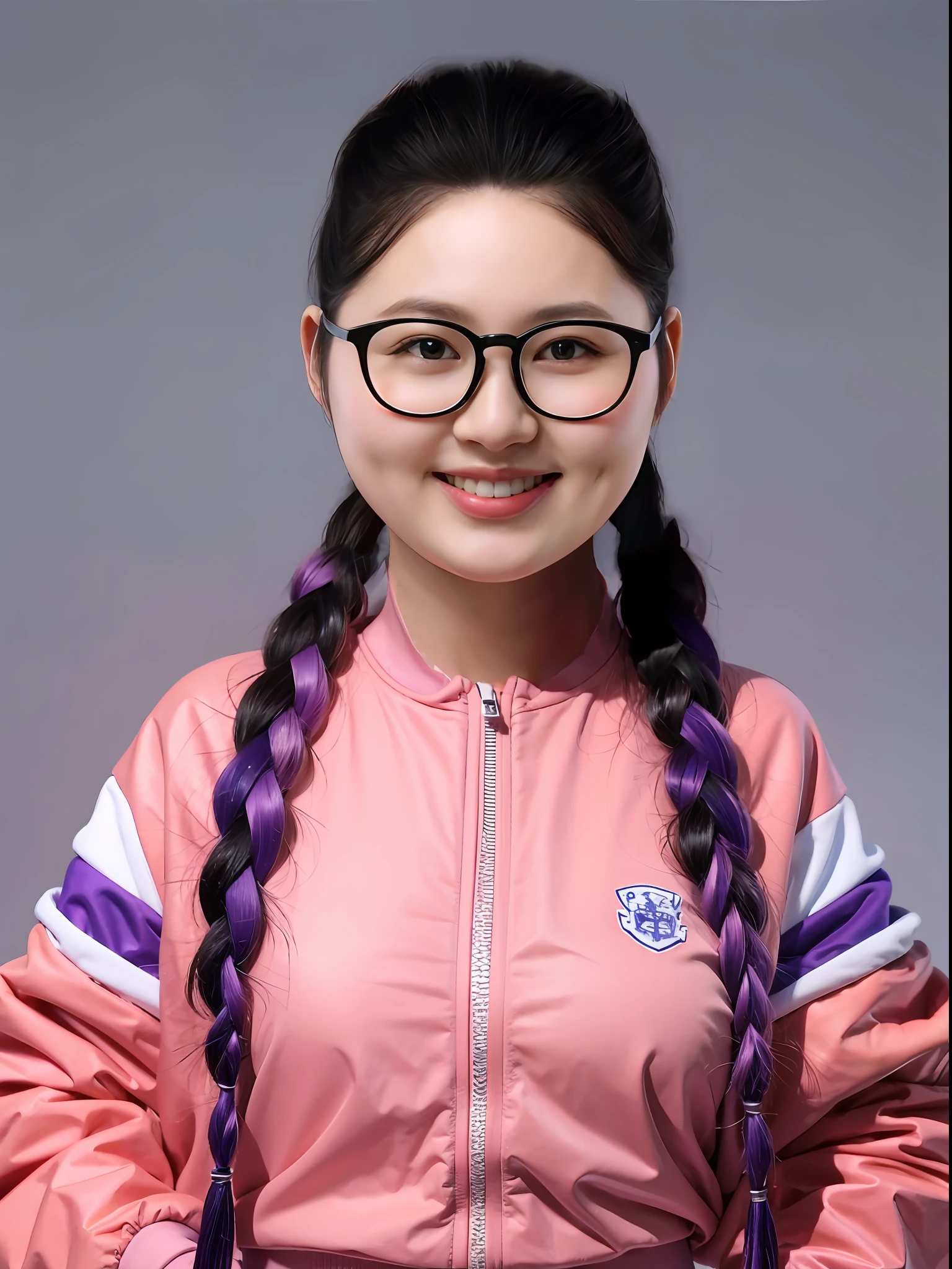 A Chinese high school girl，Wear a purple skinny PVC zipper sweatshirt，long braid