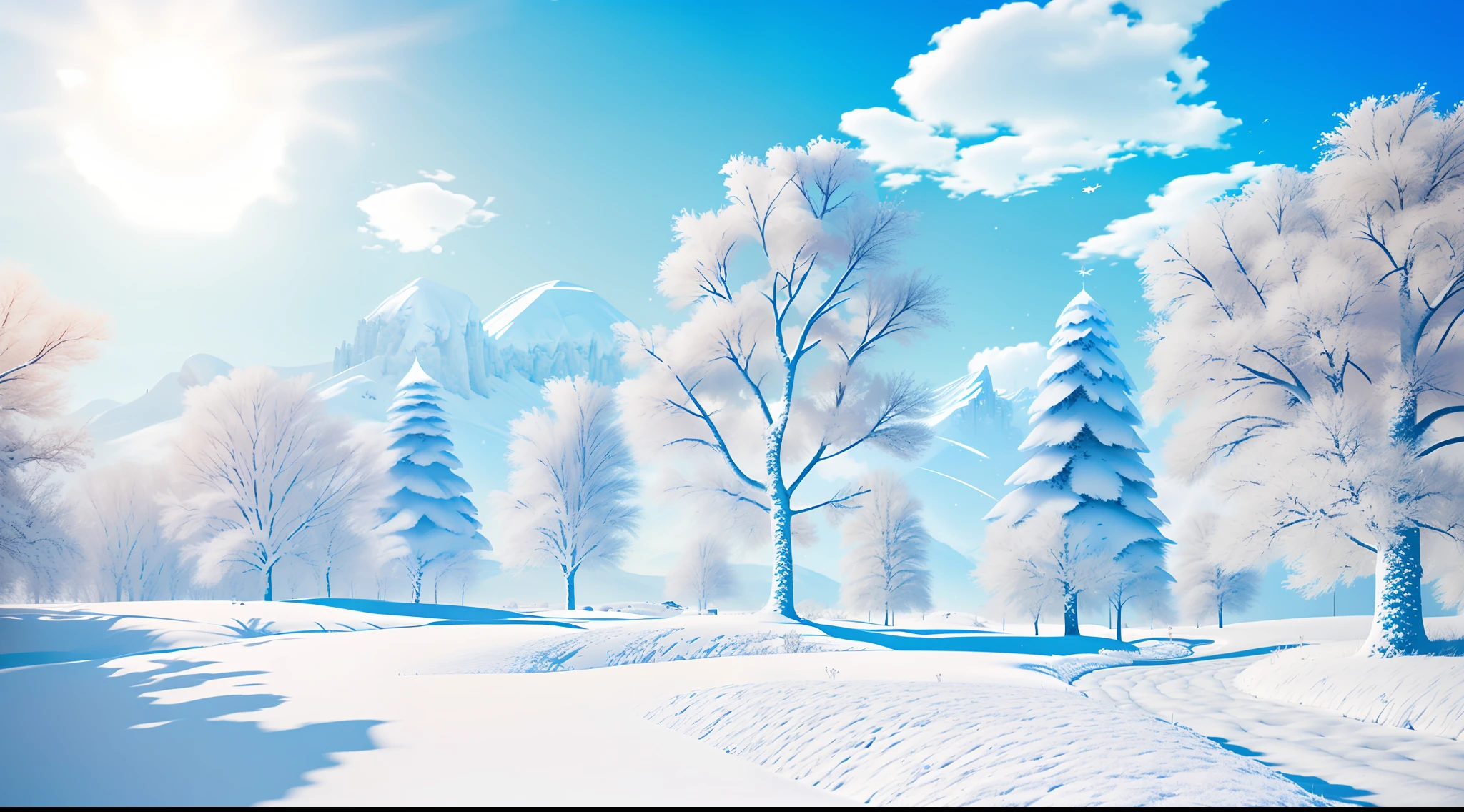 snowy fantasy landscape, bright day, white,