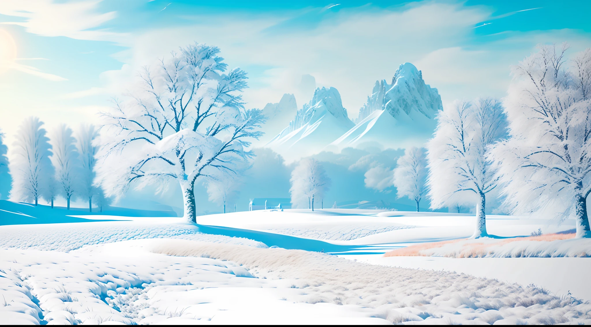 snowy fantasy landscape, bright day, white,