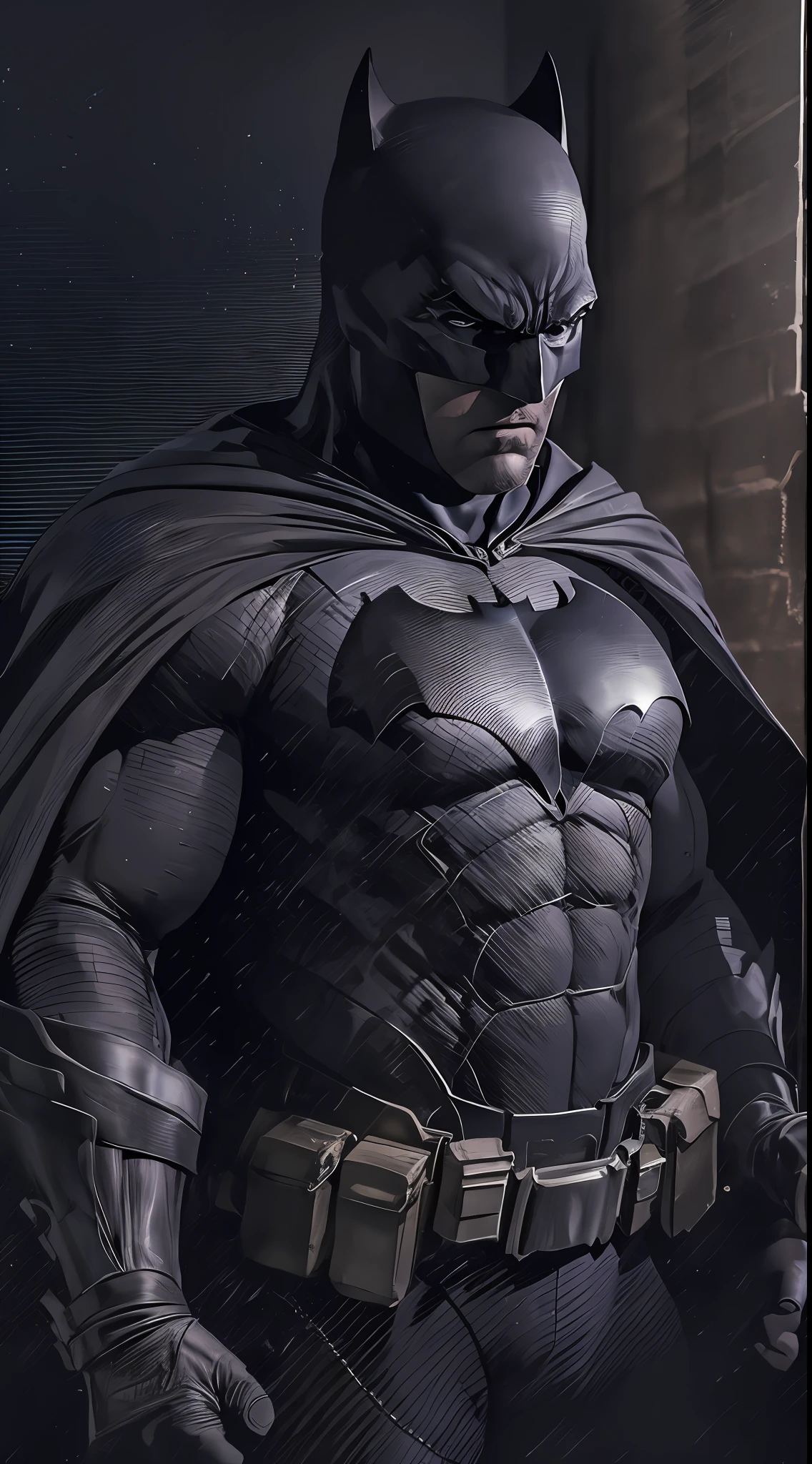 1 man, solo, close up cowboy shot of Ben Affleck as Batman, tall, hunk, muscular, bulk, wide shoulder, realistic, dark grey mask, dark dirty grey suit, dark grey arms, black gloves, best quality, masterpiece, high resolution:1.2, black cape, high detailed mask, high detailed suit, high detailed face, award winning, night time, a dark cave in the background, indoors, 4k, wallpaper