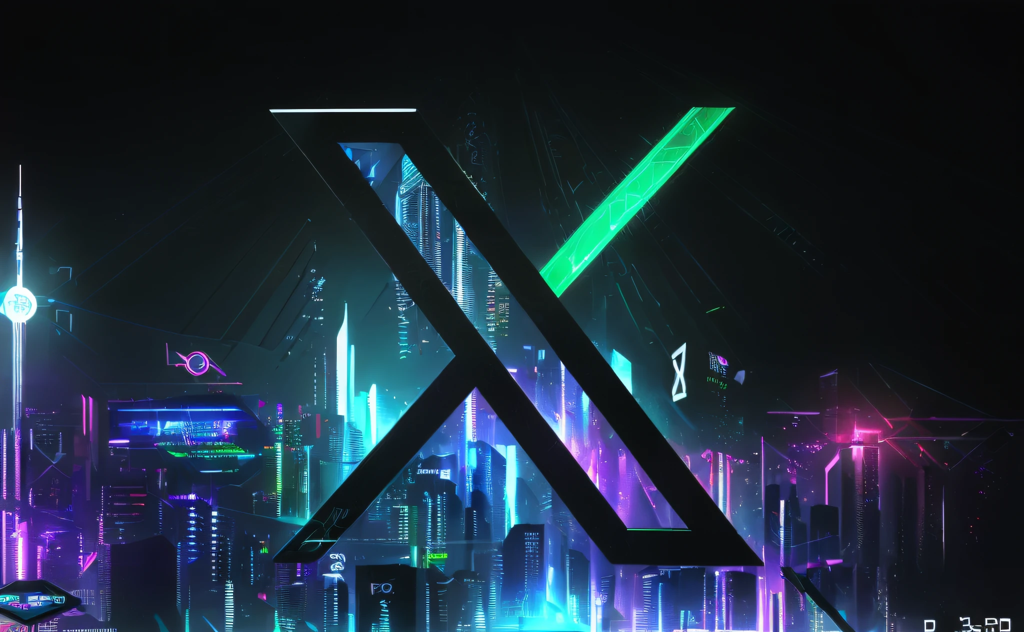 ((Logotipo X 3D )), imagem hiperrealista de x (((Logotipo X))), tech art, ((Estilo cyberpunk | Cybernate | Estilo futurista)), arte 3D digital ultra realista, ((desenho minimalista, Logotipo X)). Abaixo, a sketch of a city.