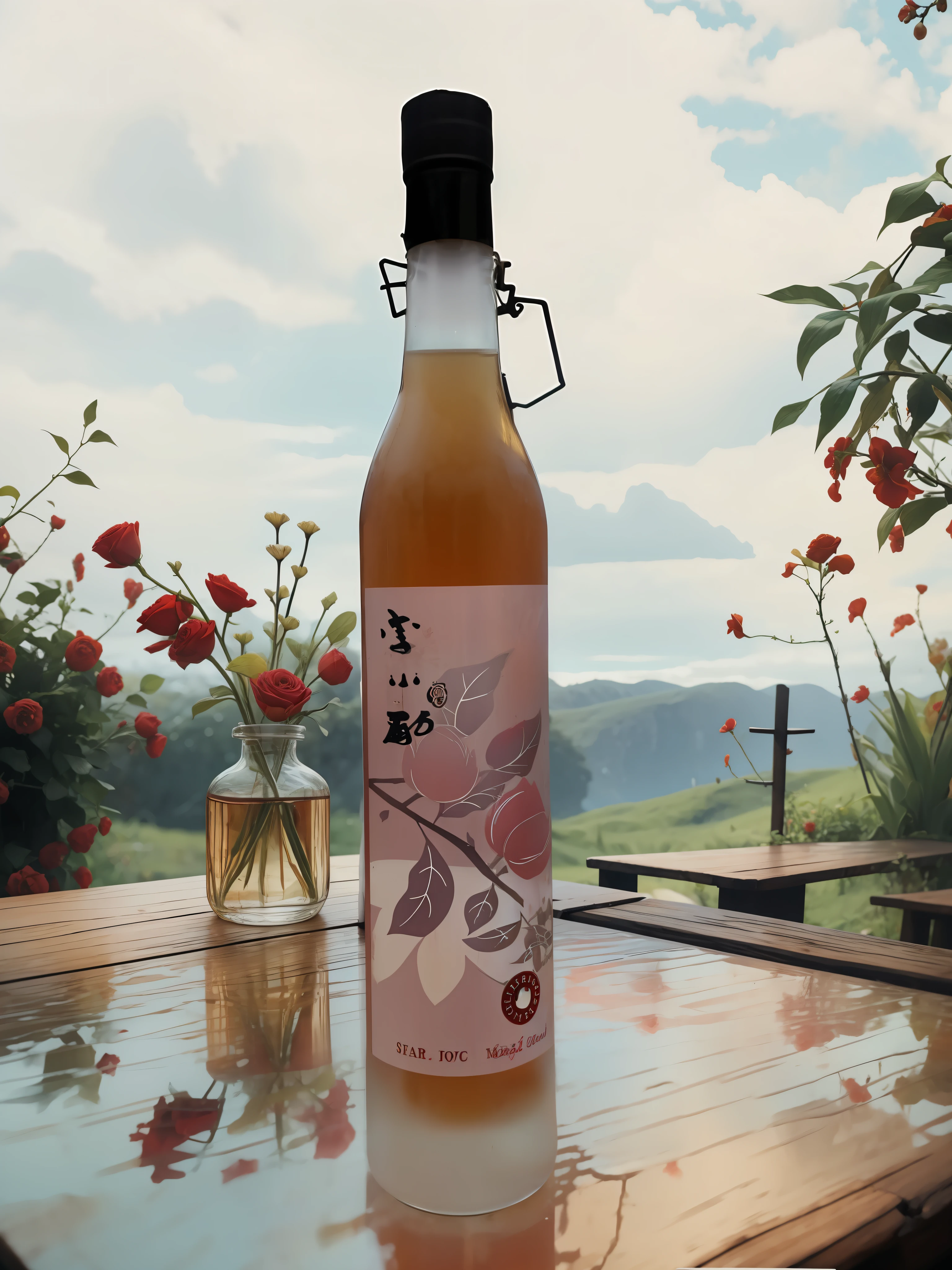 Clear bottle, Vivid red liquid, Exquisite and charming love potion, Rustic wooden table, Next to plants and fruit trees, parede de madeira, 4K, UHD