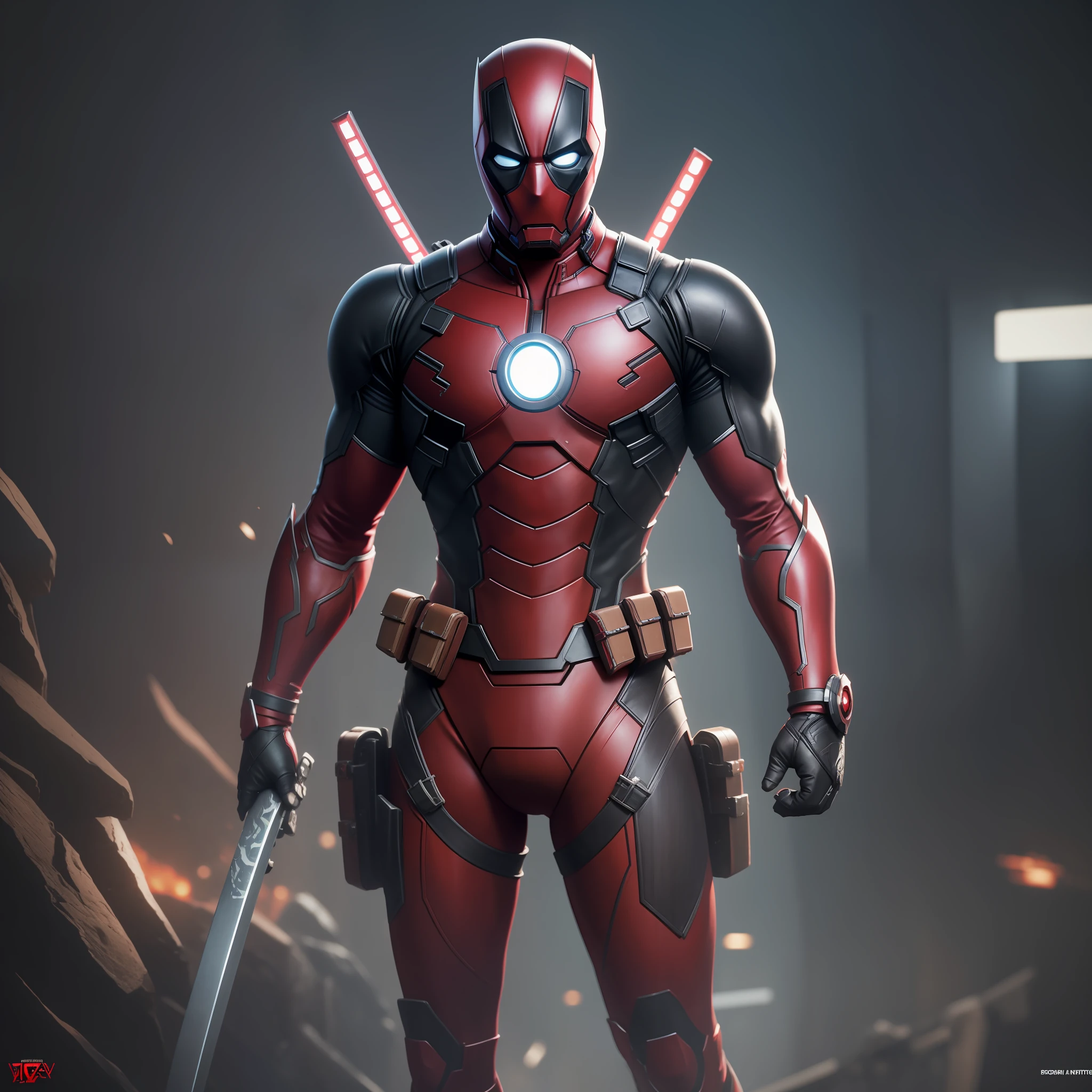 Deadpool,musculous,Skinny physique,Black and red suit,Skinny spandex suit,Spandex black and red mask,((No ears)),There are 2 katanas hanging from the back,There is a strap on the chest,There is a pistol around the waist,A high resolution,Ultra-detailed CG Unity,cinmatic lighting,shadowing,8k,Popular on artstation,Popular on CGsociety,Center focus,城市,Iron Man Outer Armor