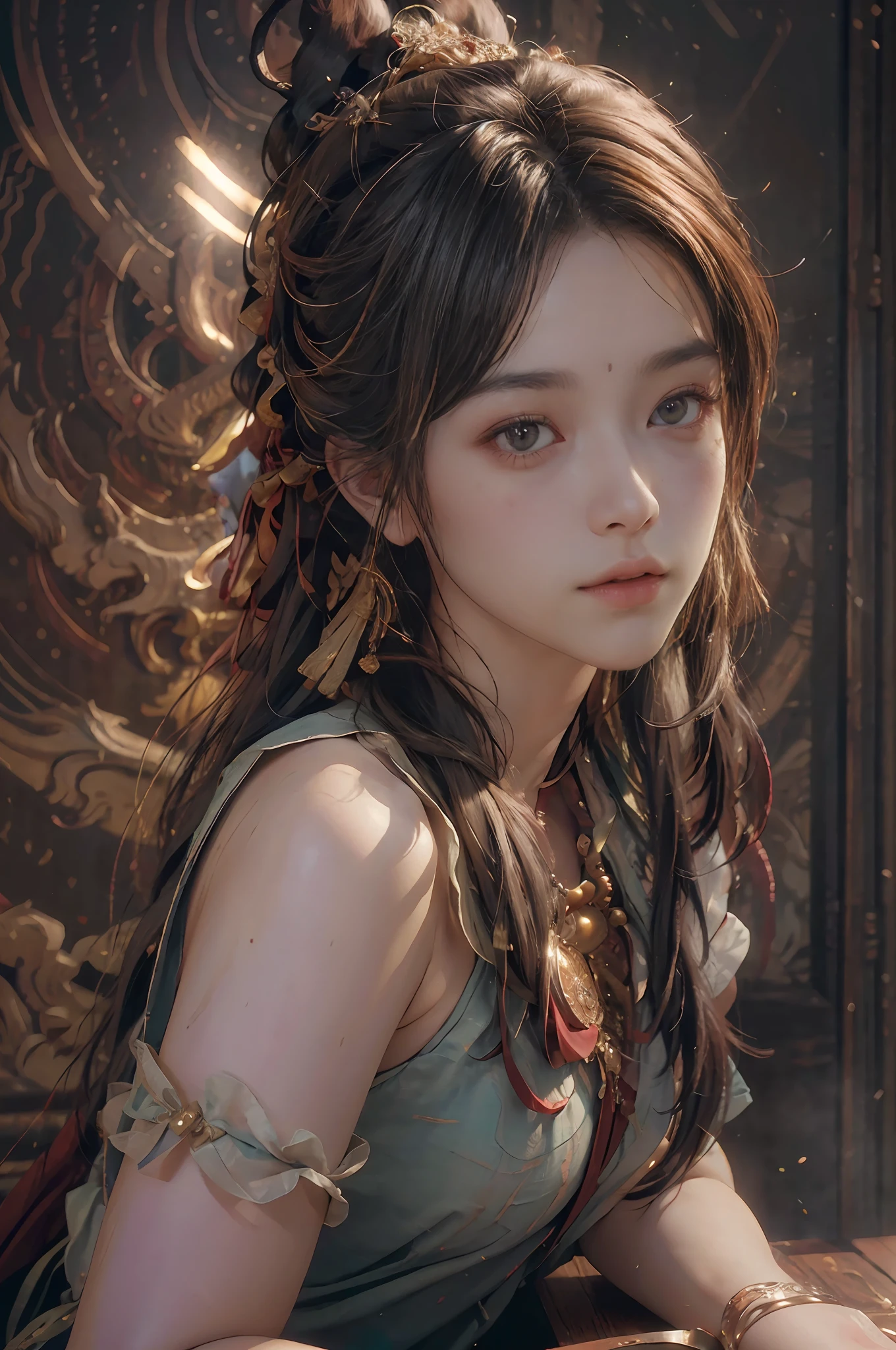 (RAW photo, best quality), (realistic, photo-realistic:1.3),best quality,highly detailed,masterpiece,ultra-detailed,illustration,1girl,upper_body,dynamic angle,world masterpiece theater,messy_long_hair,best quality,extremely detailed CG unity 8k wallpaper,ink,Amazing,cinematic lighting,lens_flare, dunhuang_style