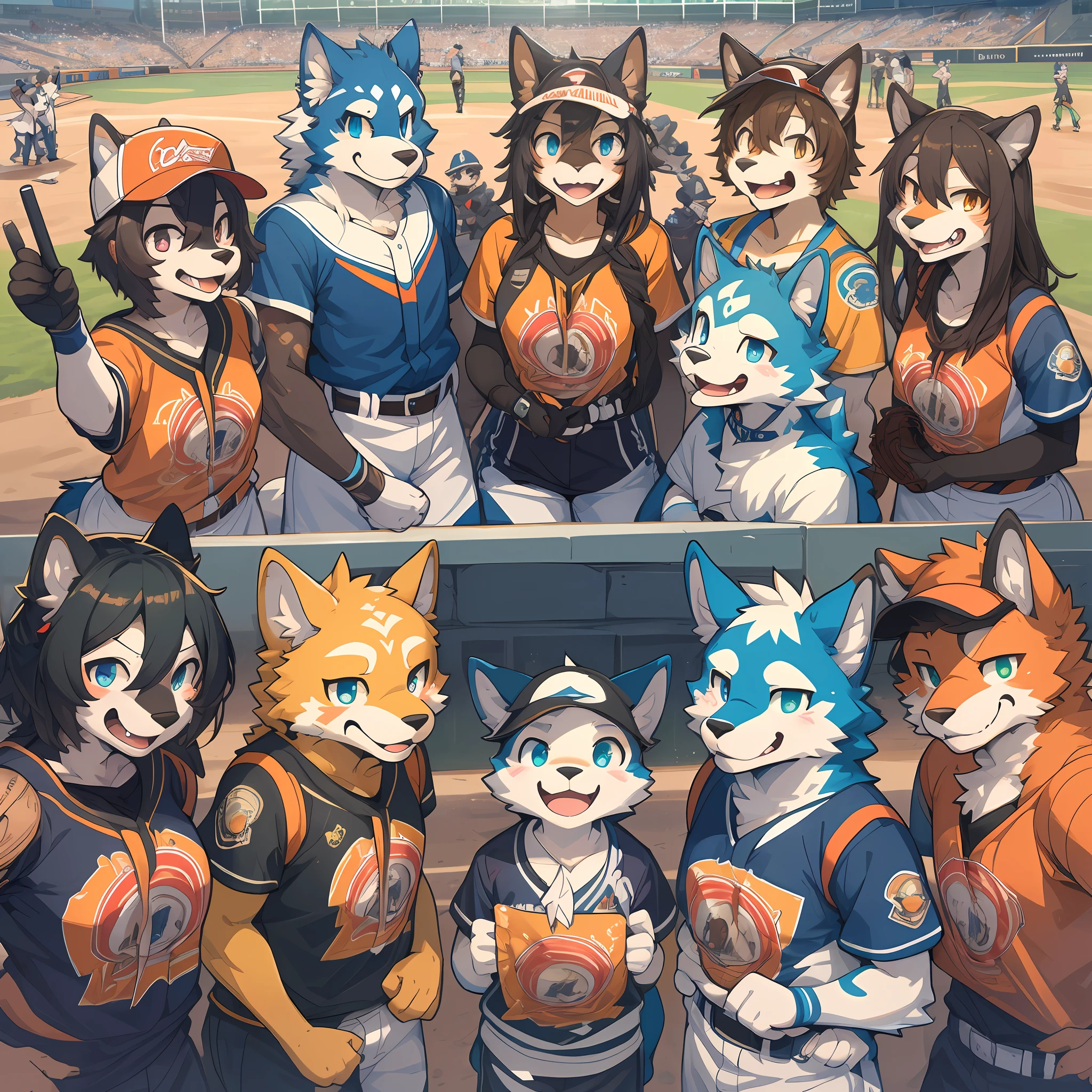 top quality, best quality, High-quality illustrations, masterpiece, super high resolution, detailed background, detailed background, Watching Baseball, group shot, 6+boys, 6+girls, Happy, joyful, absurdres(highly detailed beautiful face and eyes)perfect anatomy(Photos taken with friends)(kemono, furry anthro),