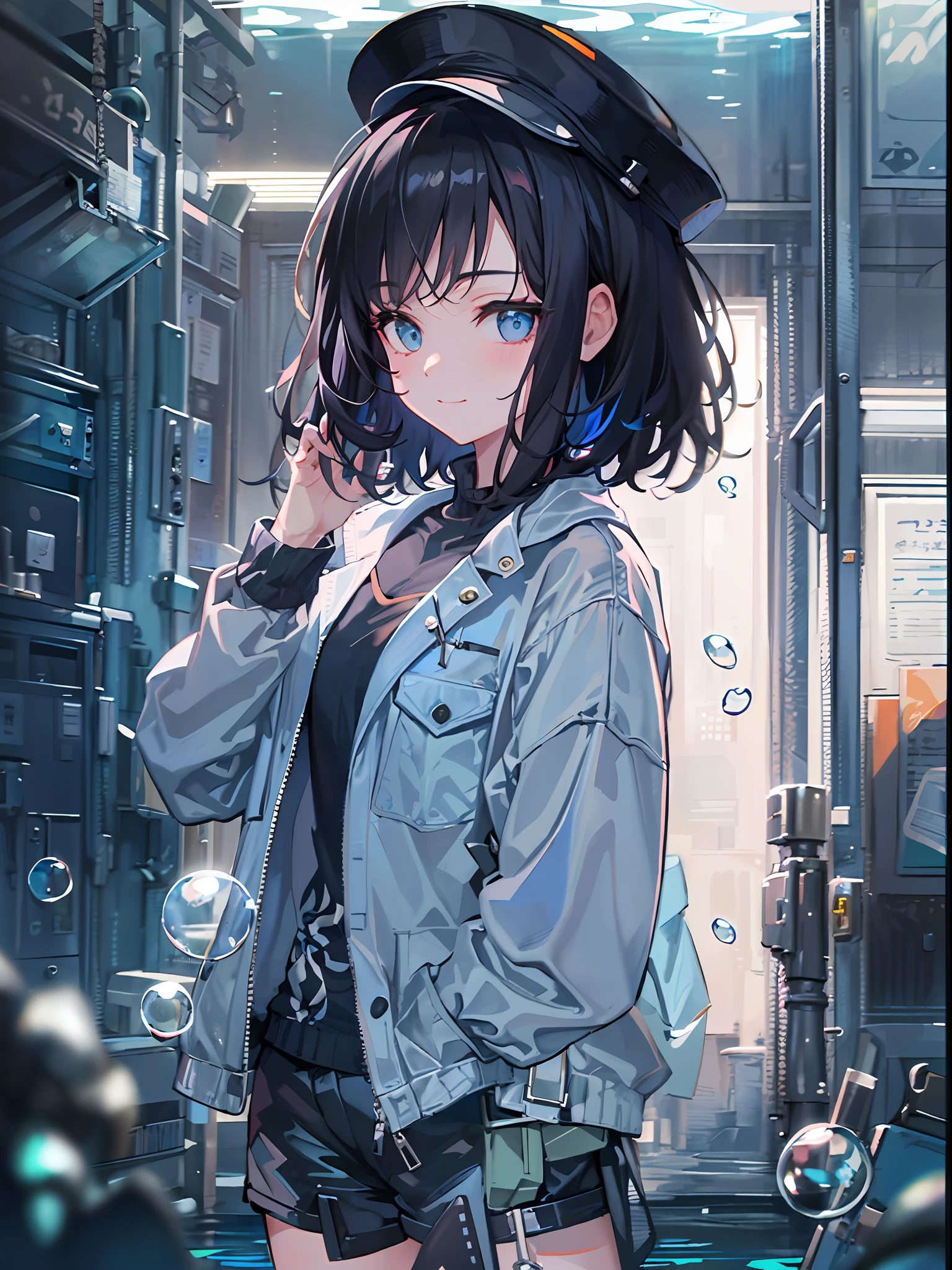 ((top-quality)), ((masterpiece)), ((ultra-detailliert)), (extremely delicate and beautiful), girl with, 独奏, cold attitude,((Black jacket)),She is very(relax)with the(Settled down)Looks,A dark-haired, depth of fields,evil smile,Bubble, under the water, Air bubble,bright light blue eyes,Inner color with black hair and light blue tips,Cold background,Bob Hair - Linear Art, shortpants、knee high socks、Camisole inner shirt、Hands in pockets