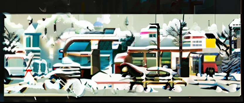 Pixel scene，Horizontal plate view，snowy day，A retro bus stop is the main body