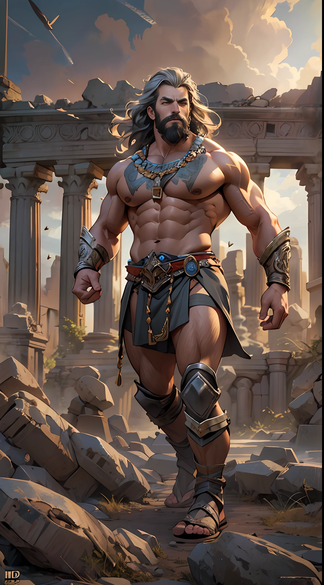 Sculpted hero, upper body uncovered, legs exposed from thighs to feet, bearded with beaded facial hair, luxuriant long curls, intricate muscularity, photorealistic portrayal, 4K resolution. Background: Epic battlefield with ancient ruins.,32k uhd, best quality, masterpiece, super detail, high details