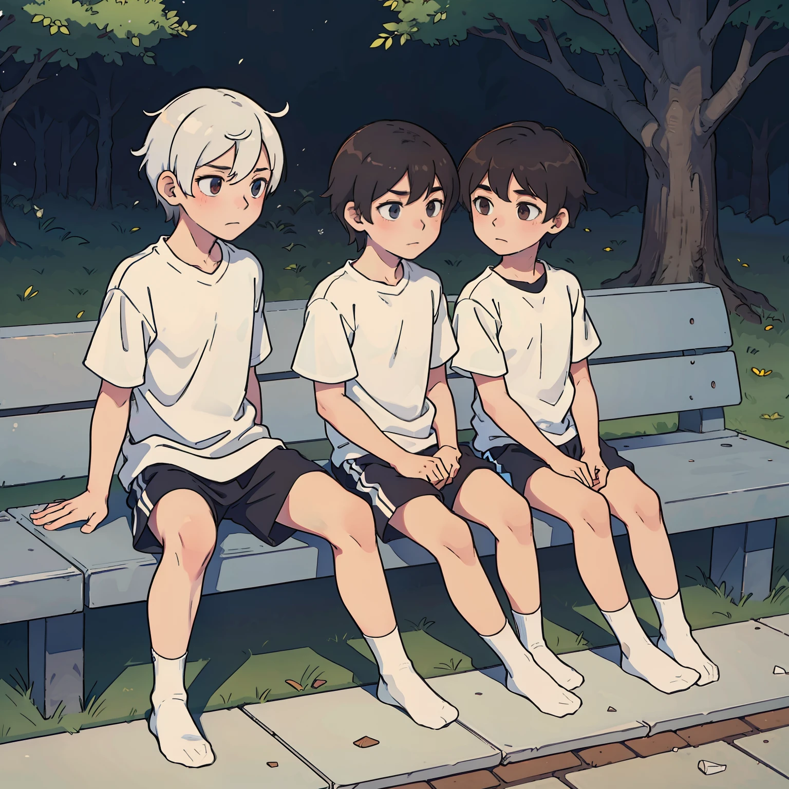 Shota, without wearing shoes, White socks, sat on the ground, 2guys,Sports wear(rot, blanche), tmasterpiece, k hd