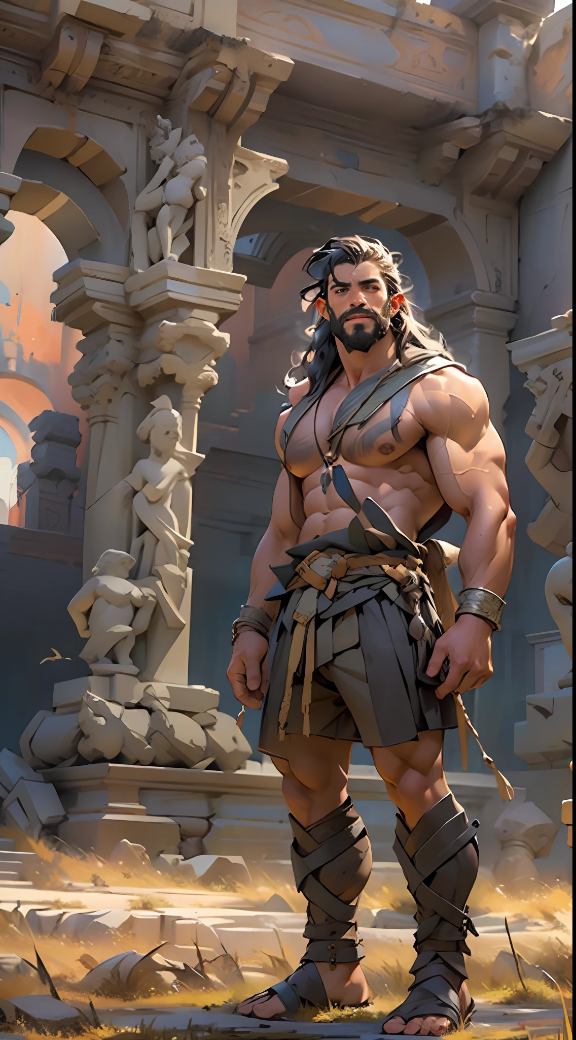 Sculpted hero, upper body uncovered, legs exposed from thighs to feet, bearded with beaded facial hair, luxuriant long curls, intricate muscularity, photorealistic portrayal, 4K resolution. Background: Epic battlefield with ancient ruins.,32k uhd, best quality, masterpiece, super detail, high details