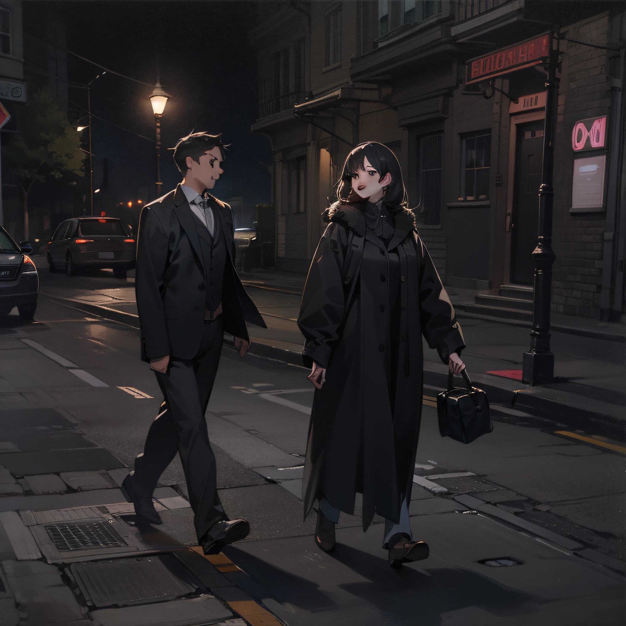 Man and woman walking together on the street at night