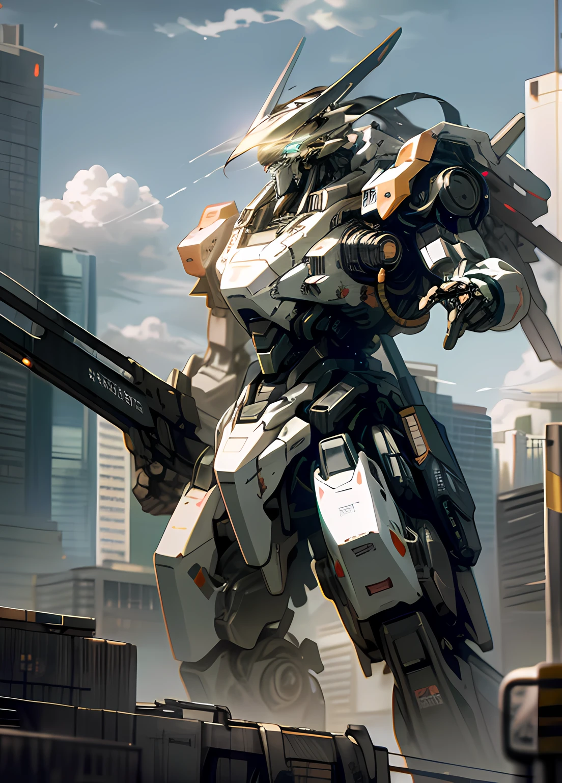 sky, cloud, holding_weapon, no_humans, glowing, , robot, building, glowing_eyes, mecha, science_fiction, city, realistic,mecha