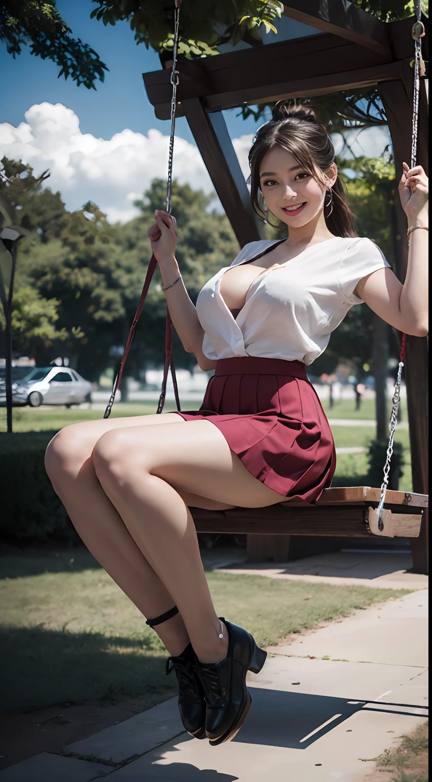 1girl playing on swings,wearing top and skirts,big , cleavaracters play),((swinging on park)),high resolution, higly detailed,(perfect eyes), (perfect fingers),looking to camera, smiling,full body