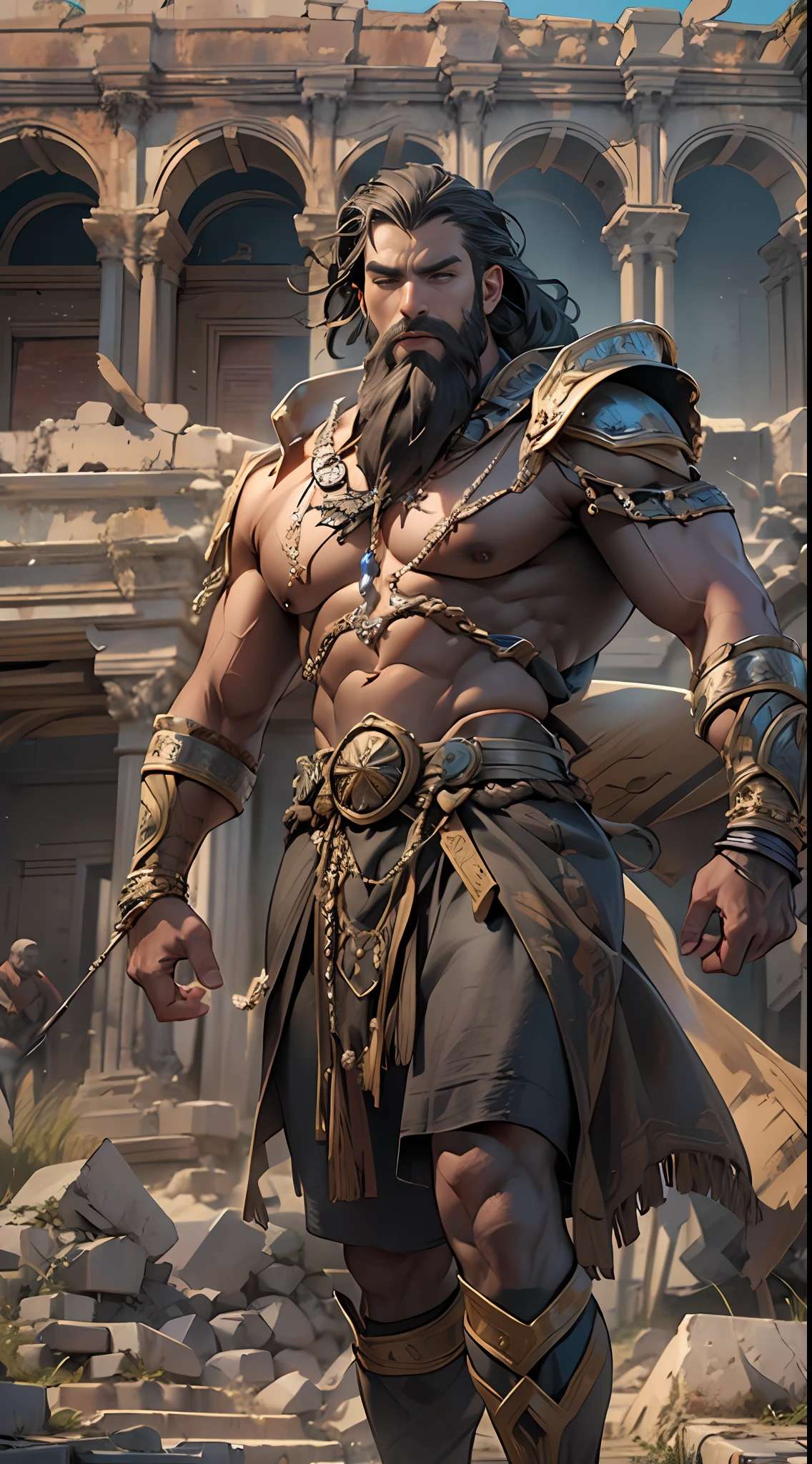 Sculpted hero, upper body uncovered, legs exposed from thighs to feet, bearded with beaded facial hair, luxuriant long curls, intricate muscularity, photorealistic portrayal, 4K resolution. Background: Epic battlefield with ancient ruins.,32k uhd, best quality, masterpiece, super detail, high details