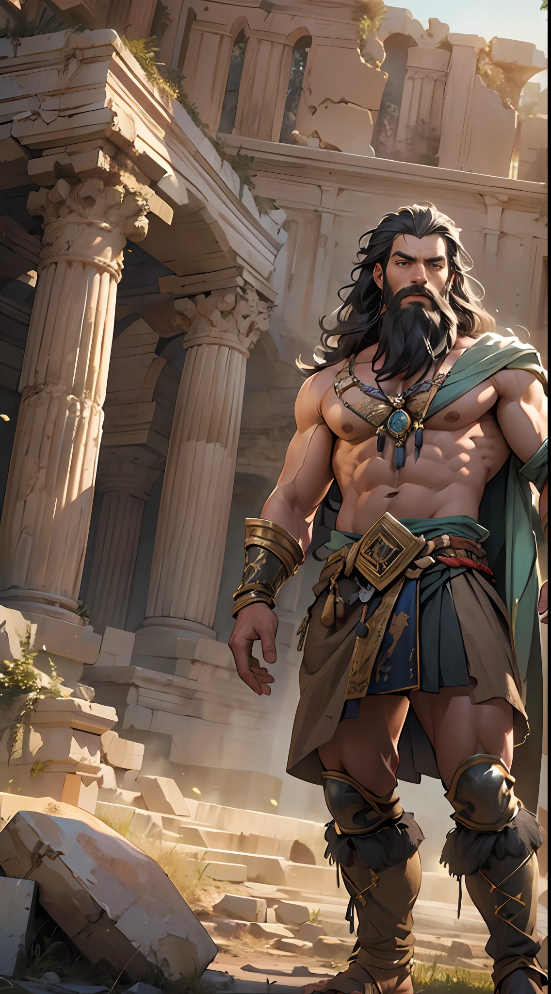 Sculpted hero, upper body uncovered, legs exposed from thighs to feet, bearded with beaded facial hair, luxuriant long curls, intricate muscularity, photorealistic portrayal, 4K resolution. Background: Epic battlefield with ancient ruins.,32k uhd, best quality, masterpiece, super detail, high details