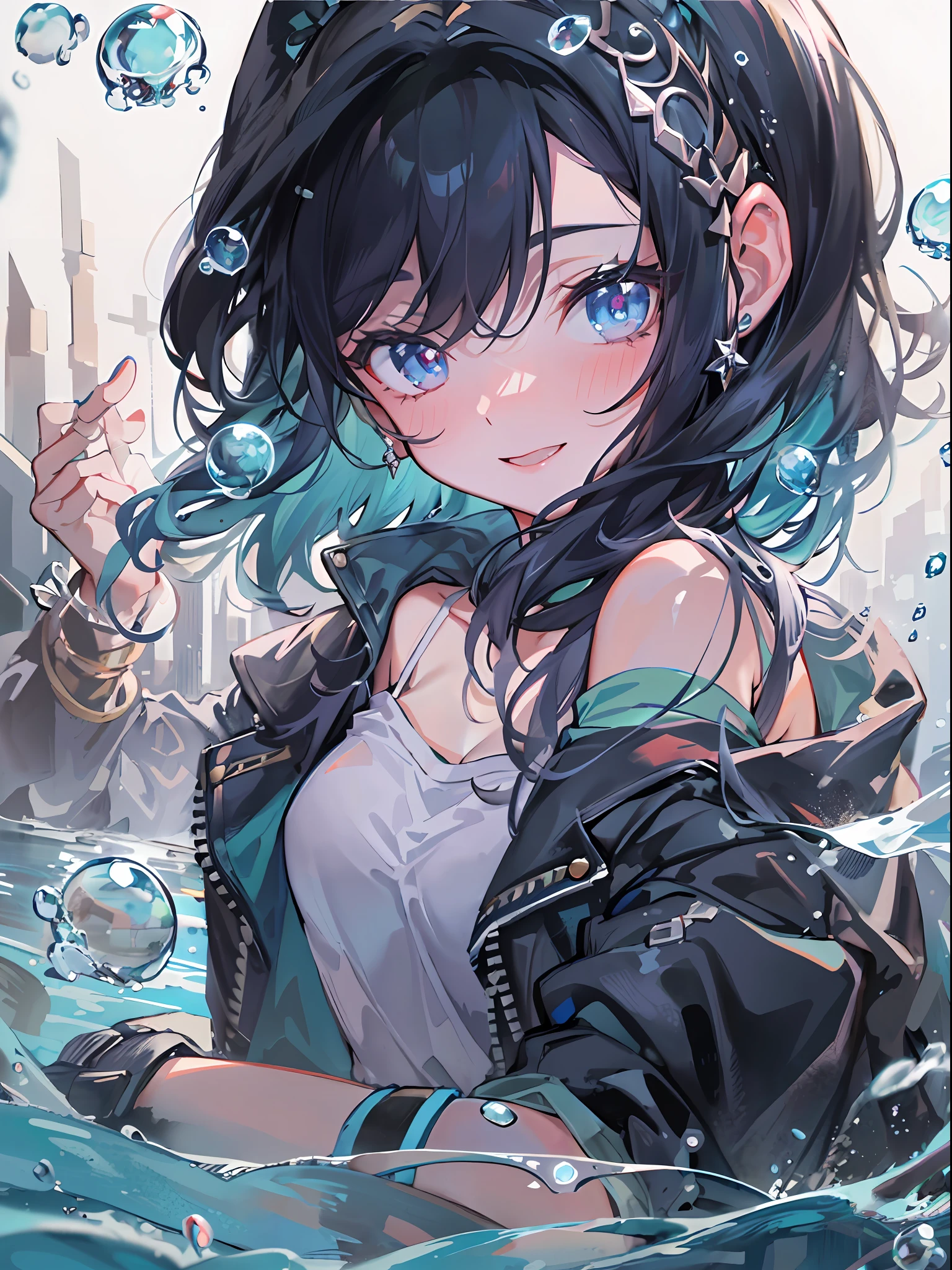 ((top-quality)), ((​masterpiece)), ((ultra-detailliert)), (extremely delicate and beautiful), girl with, 独奏, cold attitude,((Black jacket)),She is very(relax)with  the(Settled down)Looks,A dark-haired, depth of fields,evil smile,Bubble, under the water, Air bubble,bright light blue eyes,Inner color with black hair and light blue tips,Cold background,Bob Hair - Linear Art, shortpants、knee high socks、Camisole inner shirt、Hands in pockets,In the fantastic water