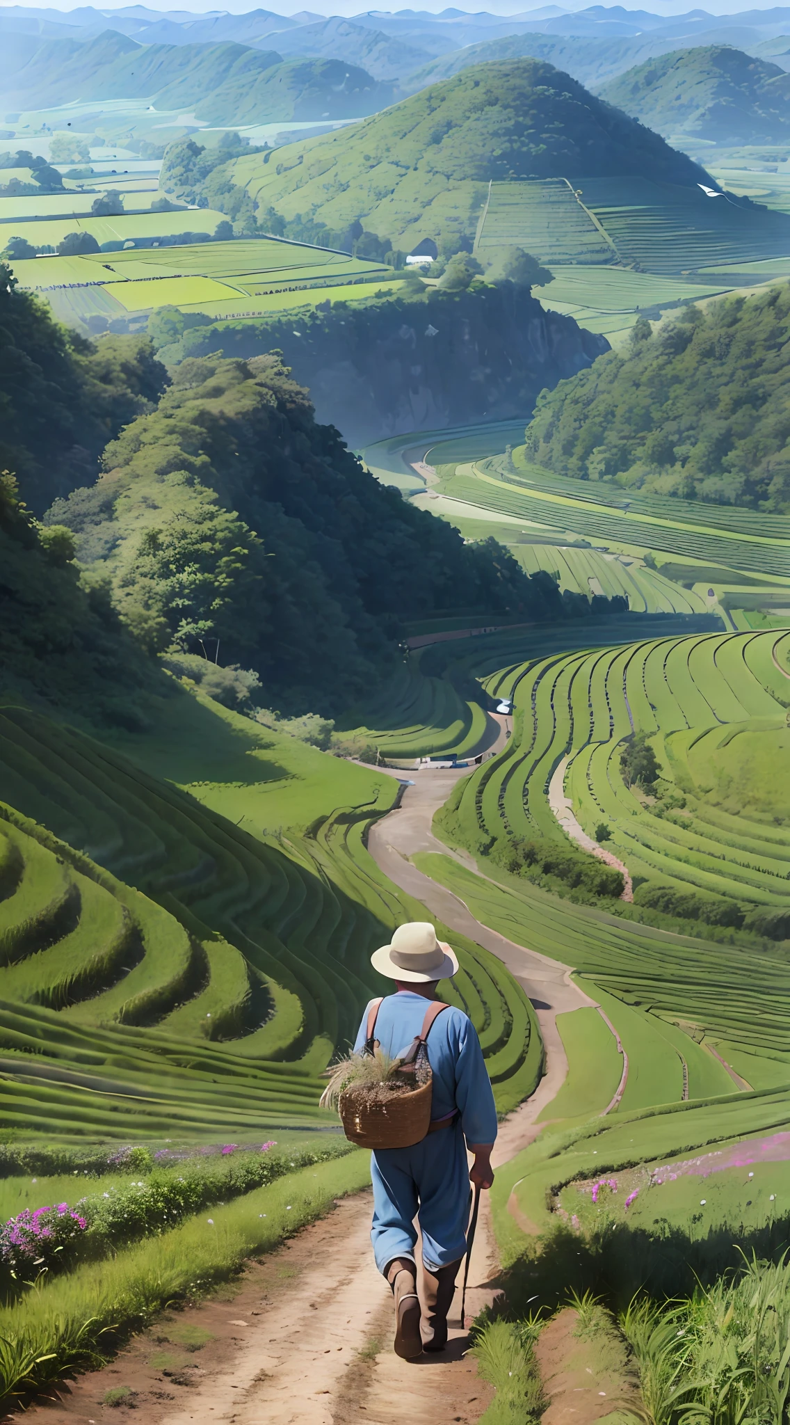 An old farmer carries a flat burden,Walk the winding roads of the countryside,large clouds(The cloud is on the ground)、blue-sky、Rice fields,There are neat rice seedlings in the field,ln the forest,hillside,Quiet,rustic,high definition detail、hyper-detailing、cinematic ligh、ultra-realistic realism、Soft light、Deep field focus bokeh、Ray tracing and surrealism。 --v6