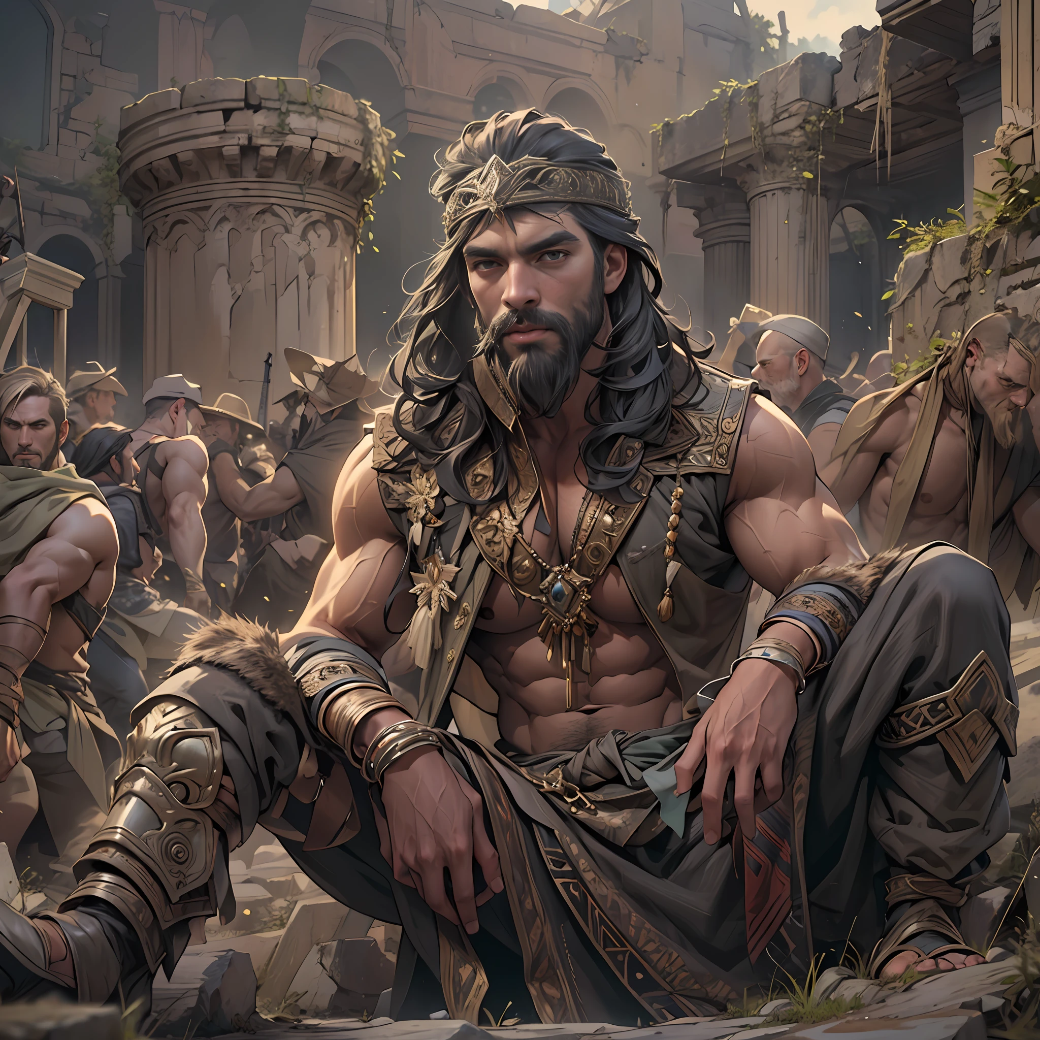 Sculpted hero, upper body uncovered, legs exposed from thighs to feet, bearded with beaded facial hair, luxuriant long curls, intricate muscularity, photorealistic portrayal, 4K resolution. Background: Epic battlefield with ancient ruins.,32k uhd, best quality, masterpiece, super detail, high details