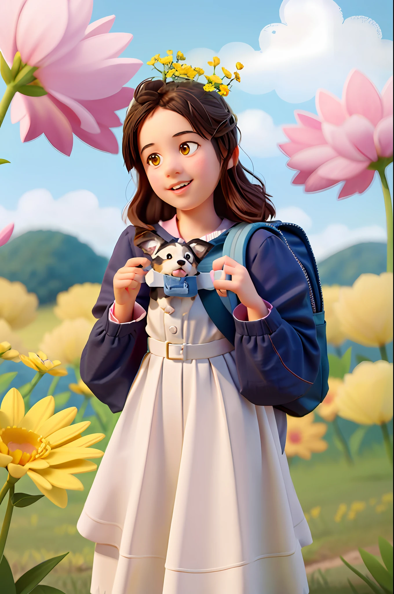 A very charming girl with a backpack and her cute border collie puppy enjoying a lovely spring outing surrounded by beautiful yellow flowers and nature. The illustration is a high-definition illustration in 4K resolution with highly detailed facial features and cartoon-style visuals.