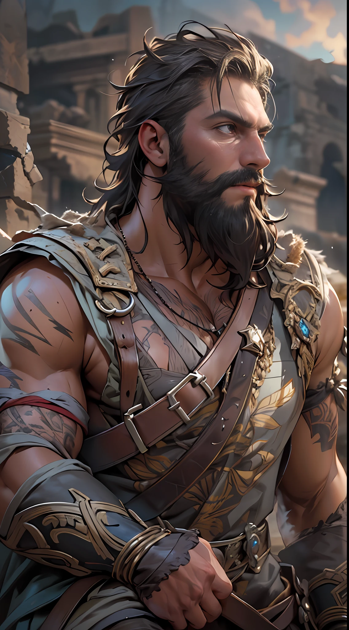 Sculpted hero, upper body uncovered, legs exposed from thighs to feet, bearded with beaded facial hair, luxuriant long curls, intricate muscularity, photorealistic portrayal, 4K resolution. Background: Epic battlefield with ancient ruins.,32k uhd, best quality, masterpiece, super detail, high details