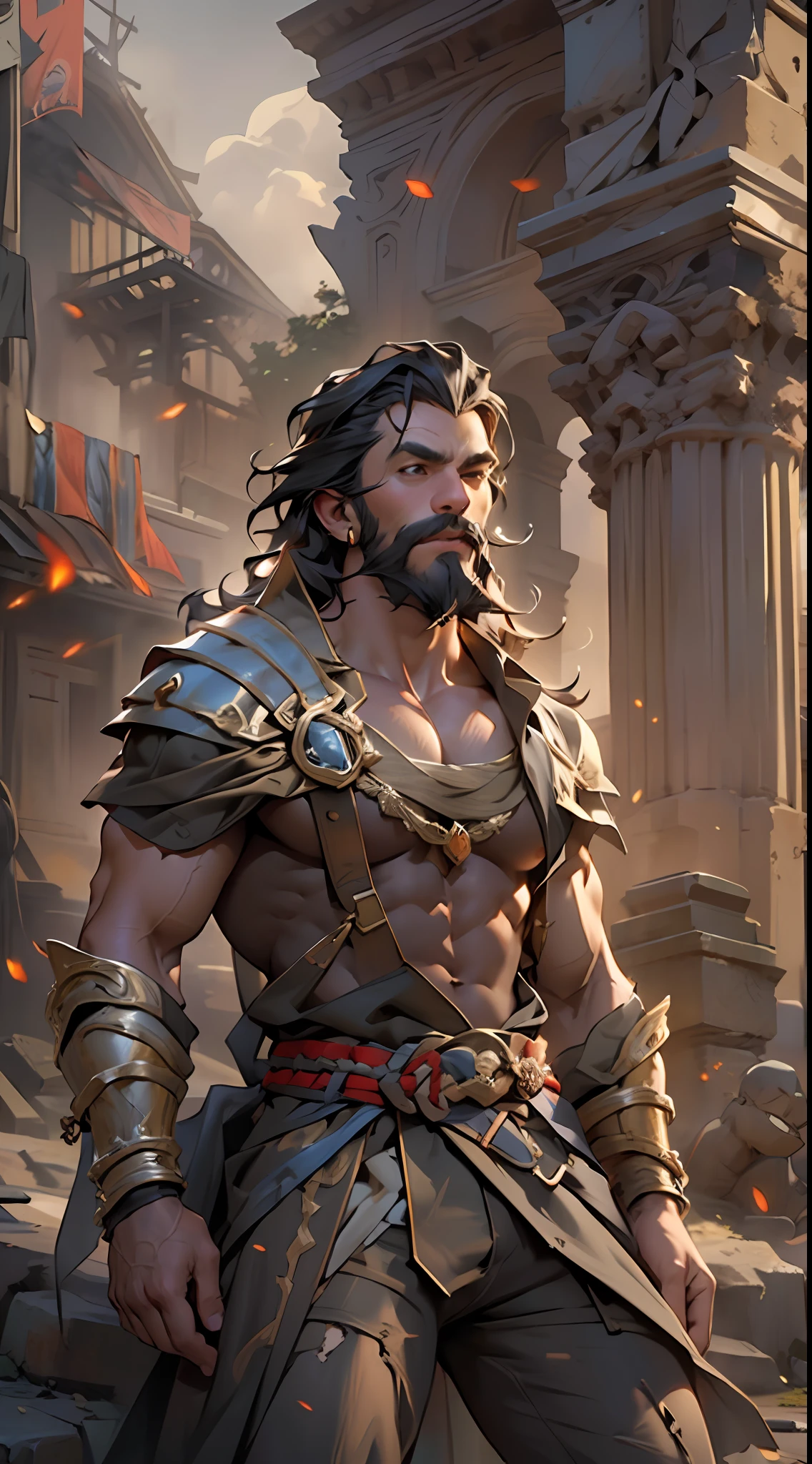 Sculpted hero, upper body uncovered, legs exposed from thighs to feet, bearded with beaded facial hair, luxuriant long curls, intricate muscularity, photorealistic portrayal, 4K resolution. Background: Epic battlefield with ancient ruins.,32k uhd, best quality, masterpiece, super detail, high details