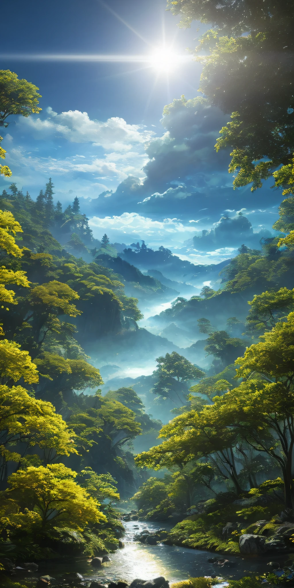 Illustration of a hyperrealistic , otherworldly, ultrasky scene featuring a giant crystal tree full body,very detailed and magical lighting, intricate forest details, vegetation and river around, solarpunk ,landscape, giant tree, beatifull leafy with beautiful lighting and realistic proportions, as if it were a cinematic background, 8k, highest quality, masterpiece, clouds and stars in the sky.