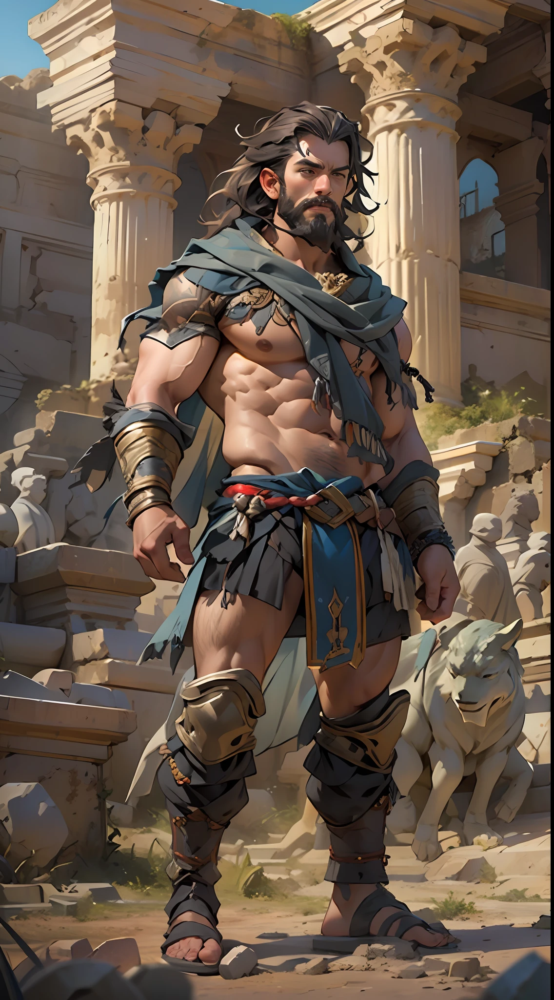 Sculpted hero, upper body uncovered, legs exposed from thighs to feet, bearded with beaded facial hair, luxuriant long curls, intricate muscularity, photorealistic portrayal, 4K resolution. Background: Epic battlefield with ancient ruins.,32k uhd, best quality, masterpiece, super detail, high details