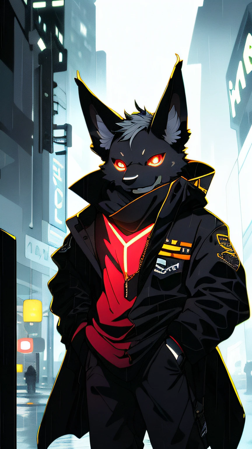 anthro, Man Black Dog, (protogen:1.1), Mechanical parts, whiskers, Very detailed portrait of a solo-1 man, Standing in the streets, during a downpour, neon and cyberpunk background, She is dressed in coat-clothes, tie, detailed glowing red eyes with distinct pupils, the sinister aura of Halo, ssmile, ciberpunk, back light, chromatic aberration, Depth of field, soft-lighting, tmasterpiece, beste-Qualit, an intricate, tone mapped, Detailed, Artstation, ConceptArt, fluent, sharp-focus, dramatic  lighting, Highly detailed works of art, Filmic, hyper-realistic painting, Trending on ArtStation, 8K,  Incredible shadows, Realistic, (high detailed background:1.0)