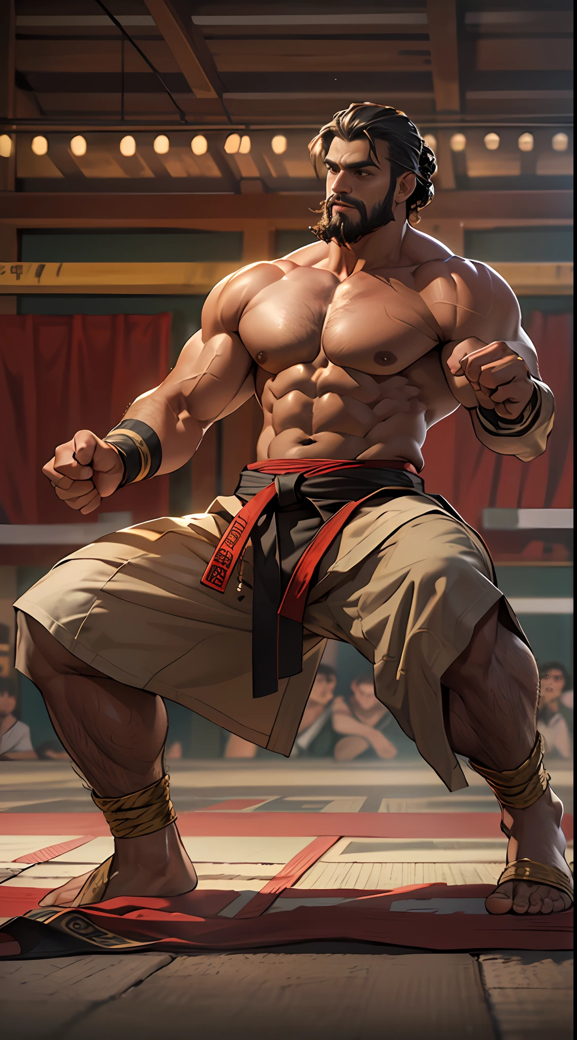 Mighty fighter, chest exposed, lower body unclothed from thighs to feet, adorned with a beaded beard, flowing long curls, detailed muscular physique, photorealistic depiction, 4K resolution. Background: Martial arts dojo,32k uhd, best quality, masterpiece, super detail, high details