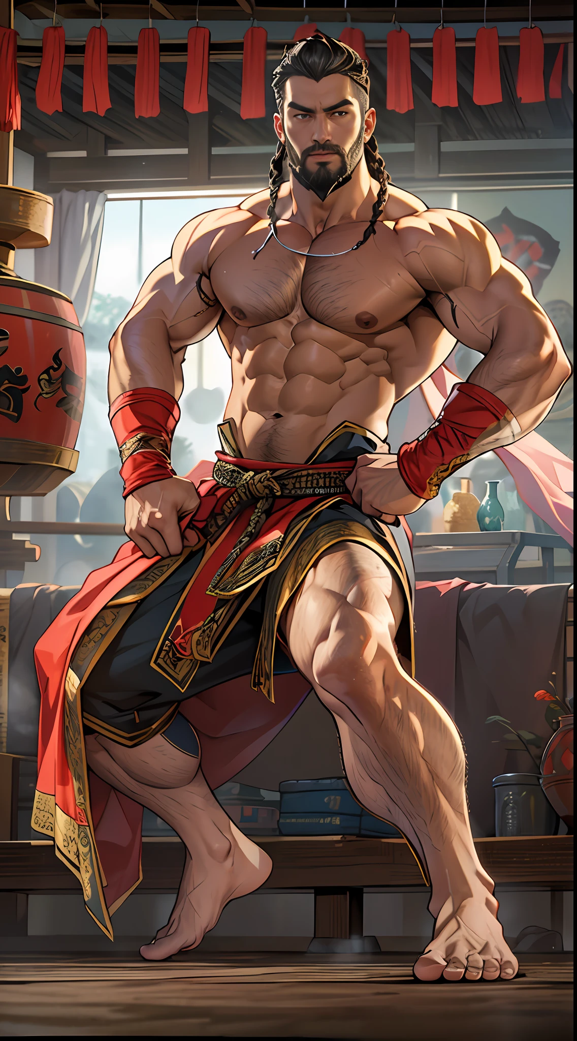 Mighty fighter, chest exposed, lower body unclothed from thighs to feet, adorned with a beaded beard, flowing long curls, detailed muscular physique, photorealistic depiction, 4K resolution. Background: Martial arts dojo,32k uhd, best quality, masterpiece, super detail, high details