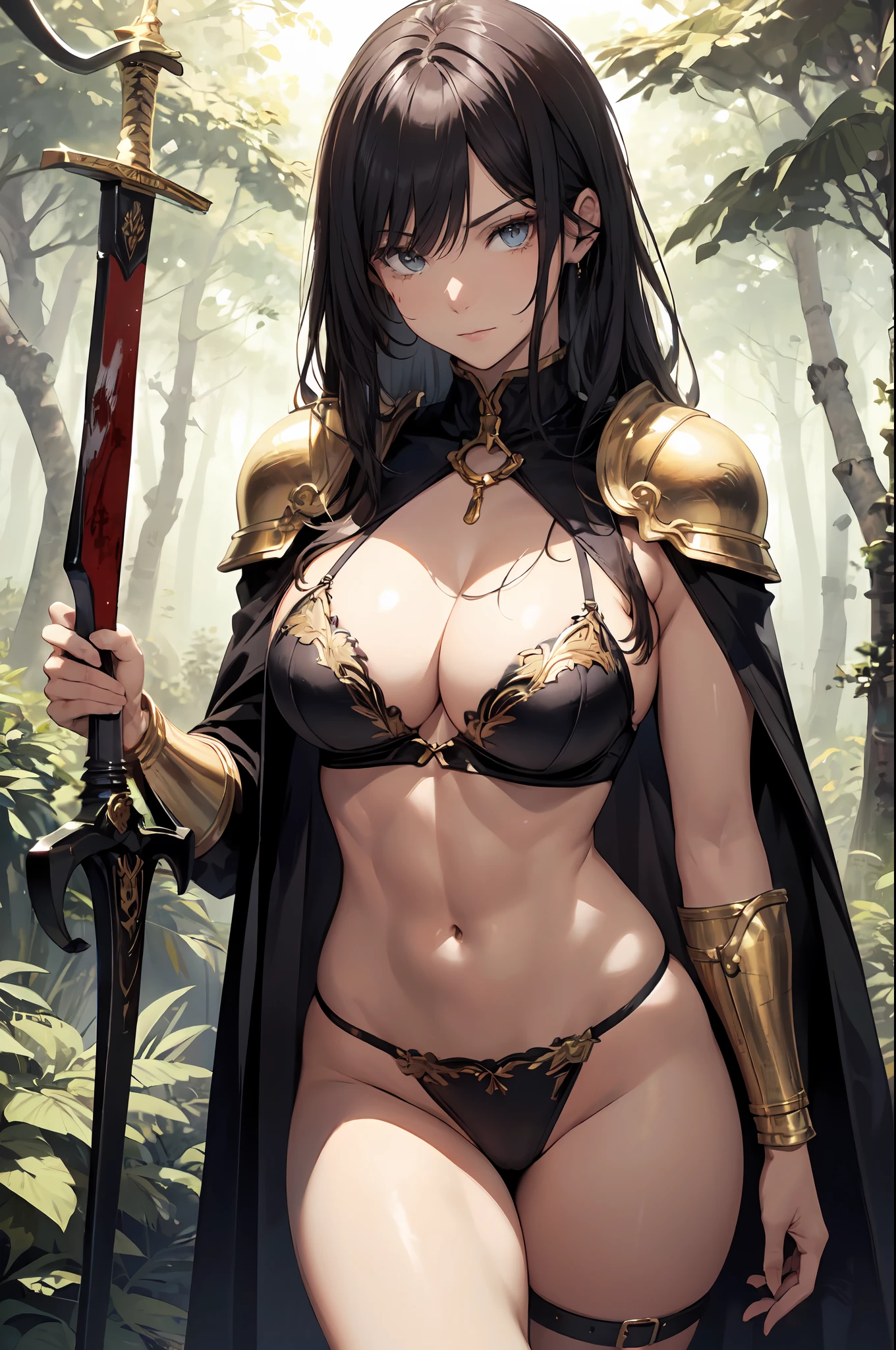 ((Simon Bisley)), Beautiful full-bodied woman, 30 years old, muscular and perfect body, medieval warrior with little clothing, tiny thong, golden metal bra, arm covered by metallic armor, large breasts, generous neckline, holding a blood-stained sword, brave face, dark kingdom, sexy pose, walking in a forest