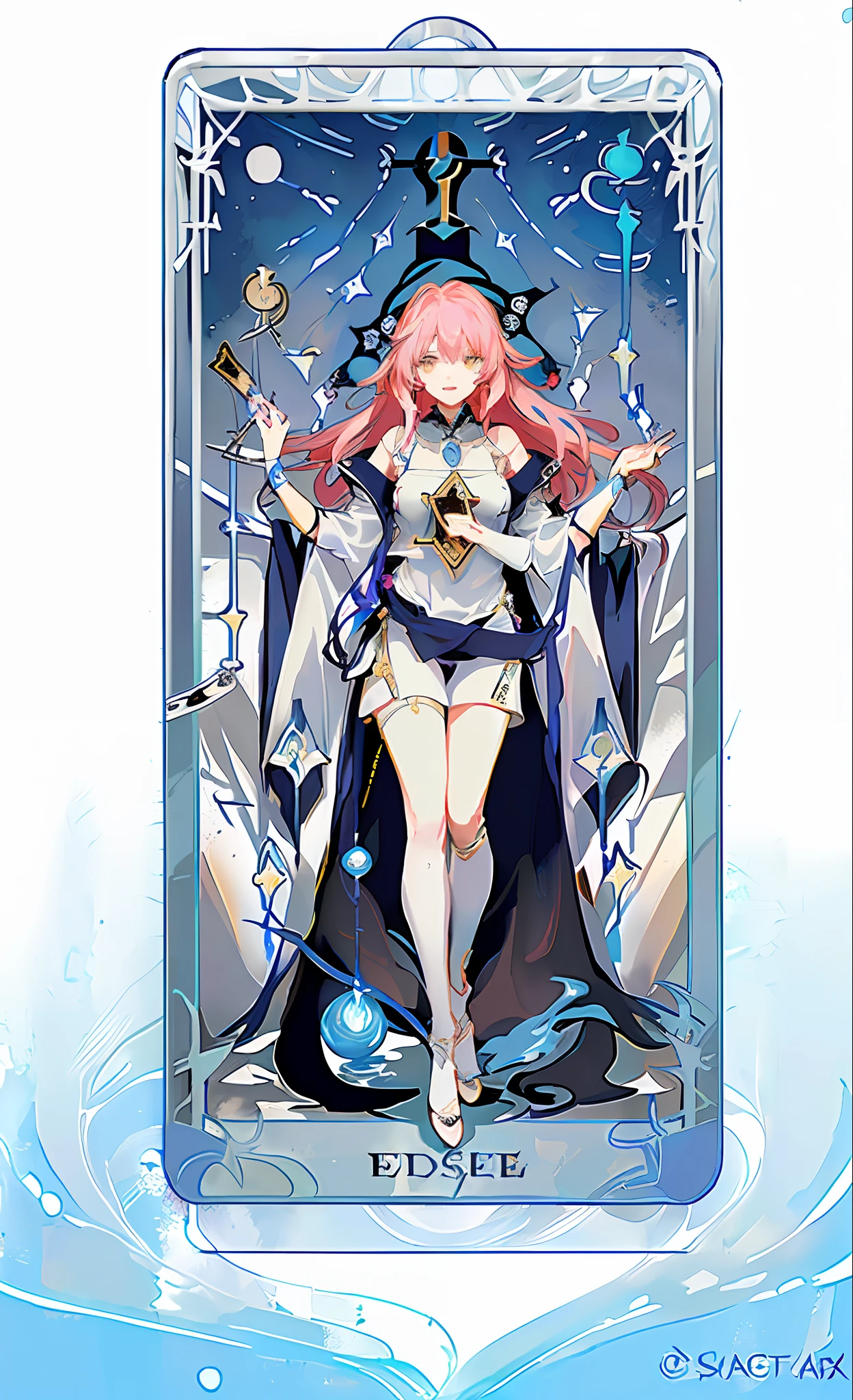 (the golden ratio:1.2),(Rose graffiti:1.2),(Fault color:1.3),[(White background:1.4)::10],(full bodyesbian:1.2),(ultradetailed:1.3),(tarot cards:1.6),(magestic(tarot cards):1.6),full bodyesbian,dangling,,(Chaotic geometry:1.3),1girl,milf,kawaii,lolita_fashion,school uniform,long hair,hair pink flowers,Pink hair,huge breasts,thigh boots,necklace,student,glod eyes,yellow eyes,laughing(negative space:0.8),(Drawing board:1.3 ), (Etheric color ink flows:1.3)