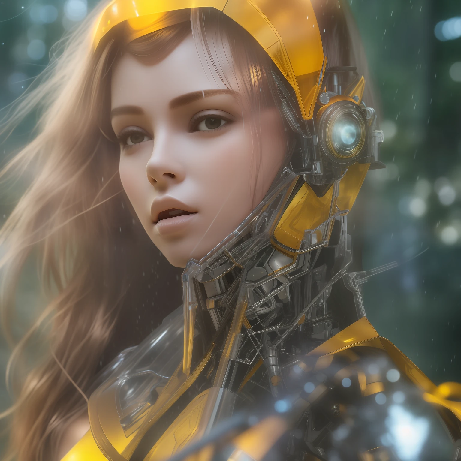 Girl wearing sexy transparent plastic sci-fi mecha，HD close-up of face，with fair skin，yellow long hair，Textured skin，The face is fair and smooth，the night:1.2，very heavy rain，New Moon，Steps，Ancient European castles,dream magical，high detal:1.2