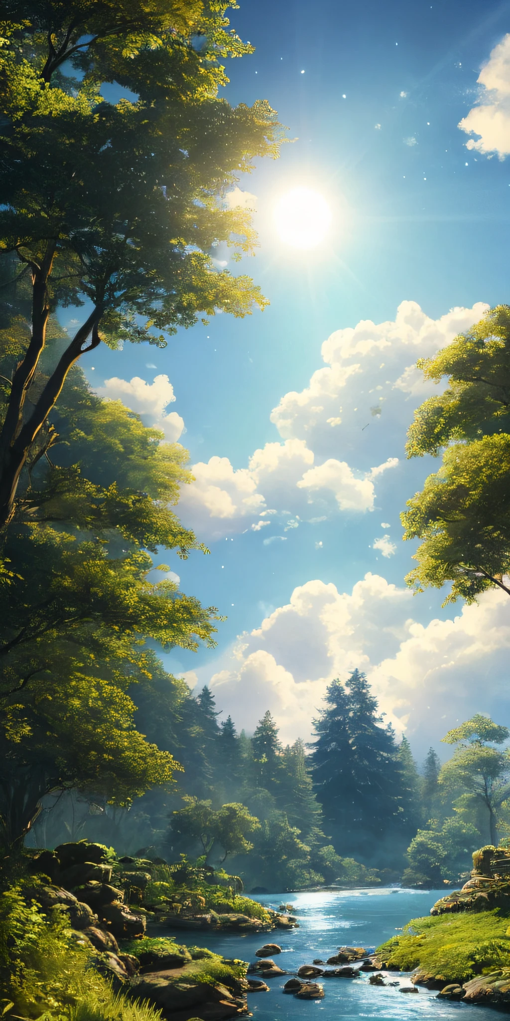 Illustration of a hyperrealistic , otherworldly, ultrasky scene featuring a giant crystal tree full body,very detailed and magical lighting, intricate forest details, vegetation and river around, solarpunk ,landscape, giant tree, beatifull leafy with beautiful lighting and realistic proportions, as if it were a cinematic background, 8k, highest quality, masterpiece, clouds and stars in the sky.